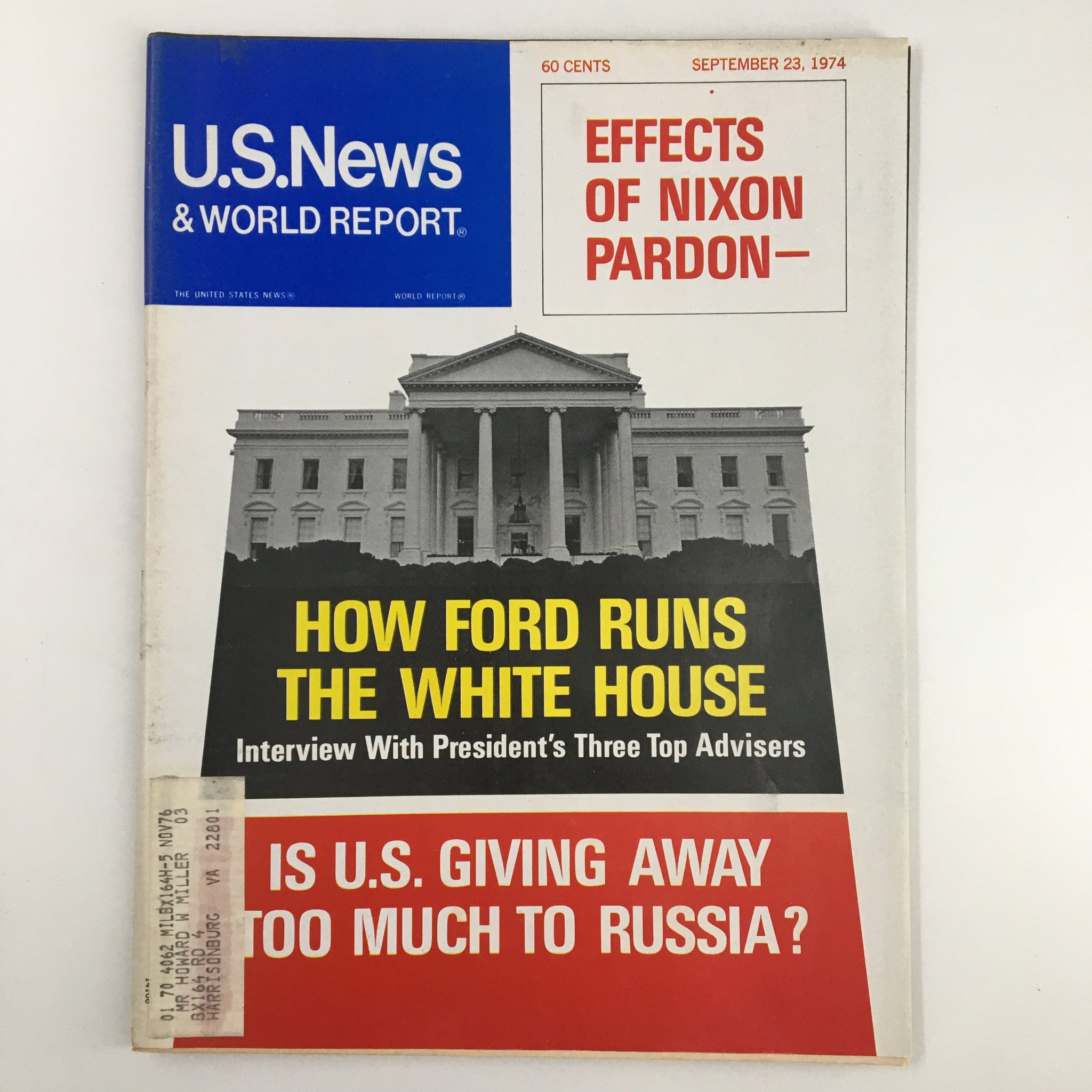 US News & World Report Magazine from September 23, 1974, featuring the cover story 'How Ford Runs The White House' with a bold headline against a backdrop of the White House. This vintage magazine cover highlights significant historical context, capturing the political climate of the 1970s.