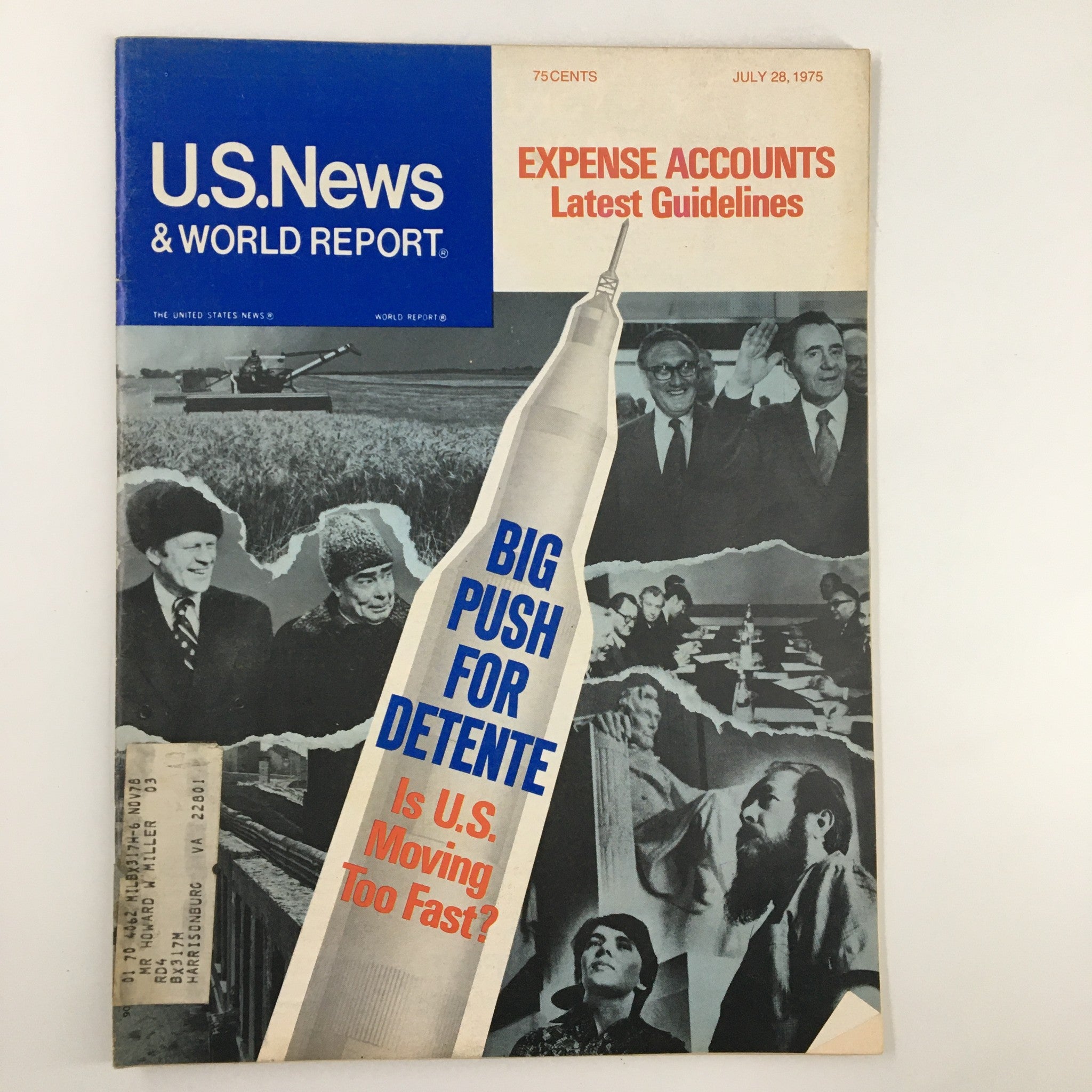 Cover of US News & World Report Magazine dated July 28, 1975, featuring the headline 'Big Push For Detente.' The magazine displays images related to Cold War dynamics and includes a visual representation of political leaders, emphasizing the theme of U.S.-Soviet diplomatic relations.