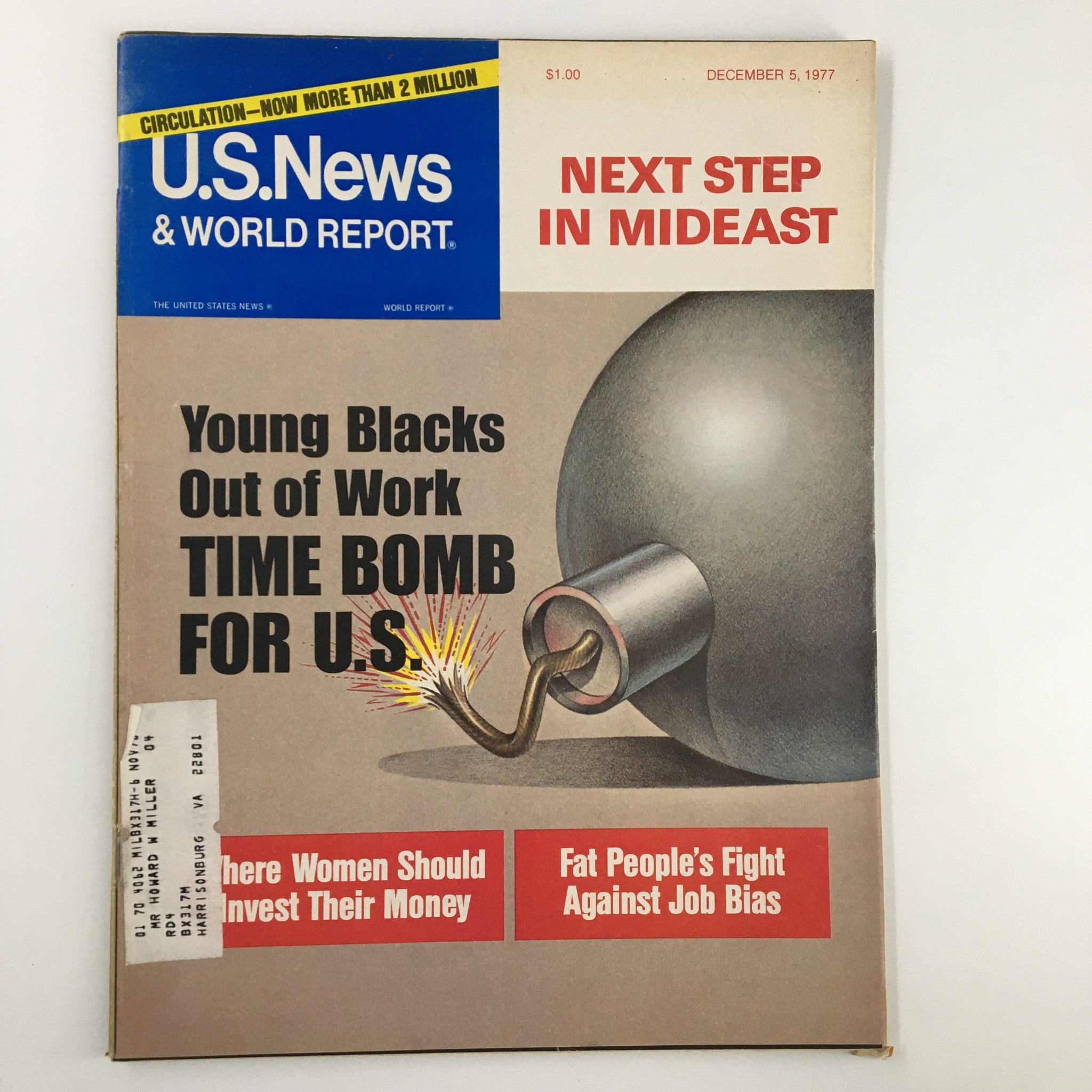 Cover of US News & World Report Magazine dated December 5, 1977, featuring the headline 'Next Step In Mideast' alongside attention-grabbing articles on socio-economic issues, with a graphic illustration of a bomb and striking typography.