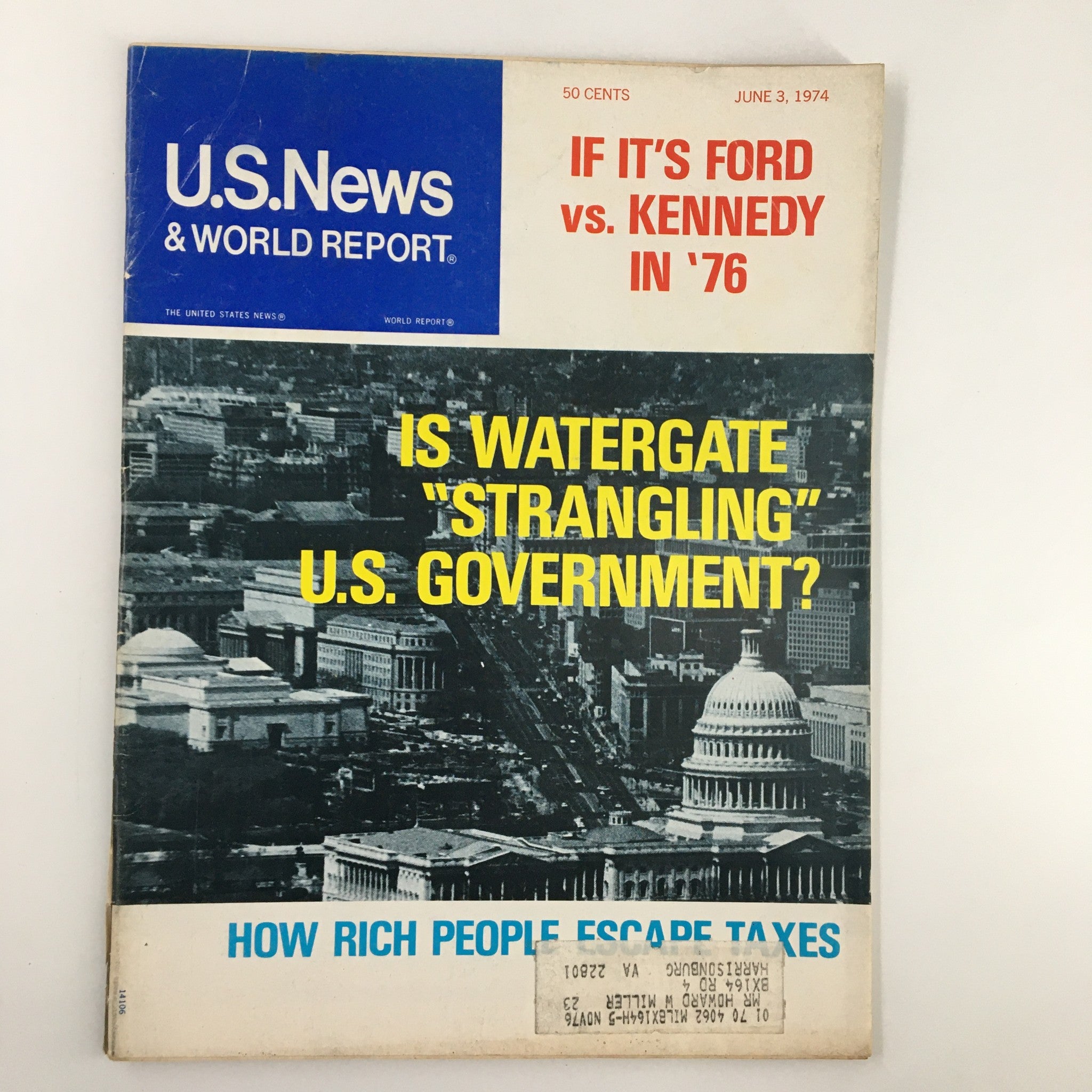 Cover of US News & World Report Magazine from June 3, 1974, featuring the title 'If It's Ford vs Kennedy in '76' and a headline about Watergate's impact on the U.S. government.