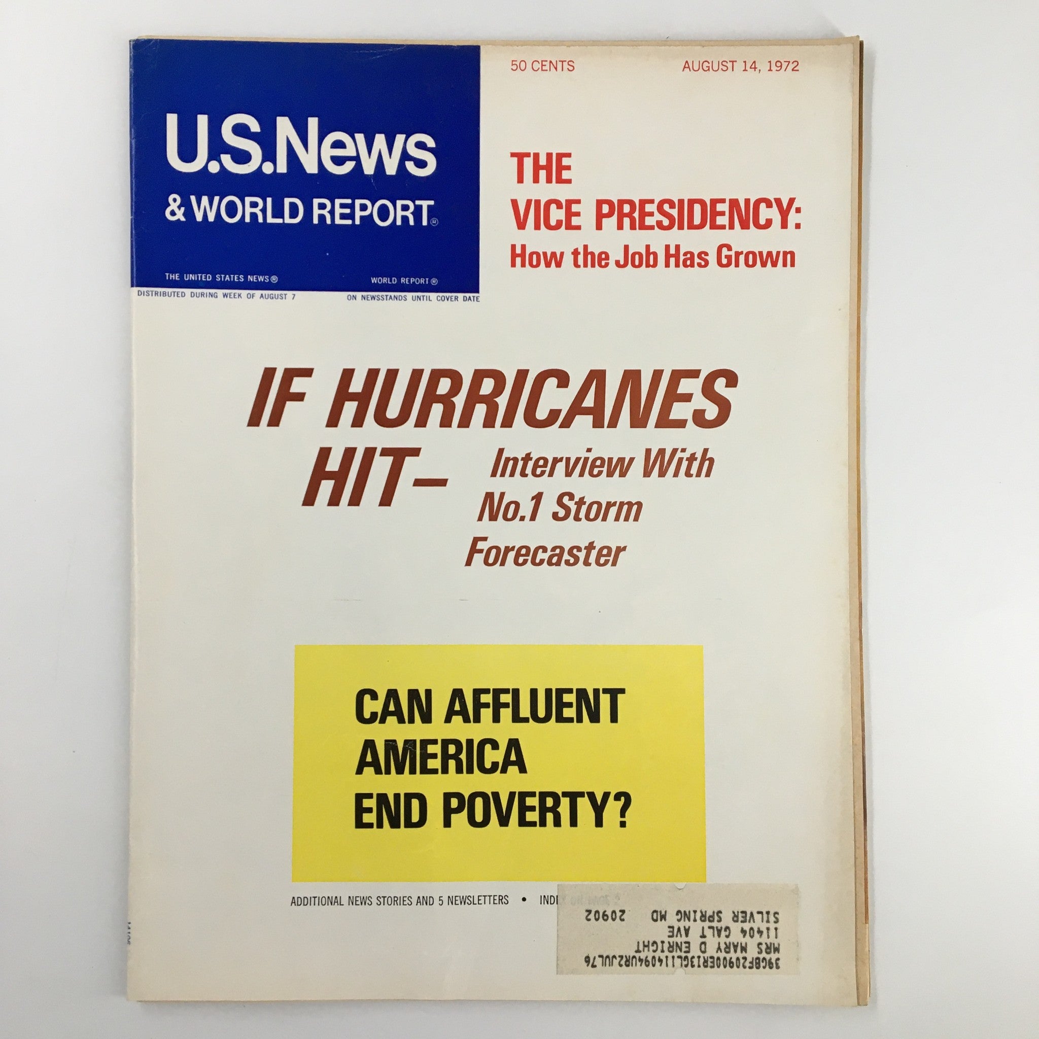 Cover of US News & World Report magazine, August 14, 1972, featuring the title 'Can Affluent America End Poverty?' along with additional headlines about hurricanes and the vice presidency.