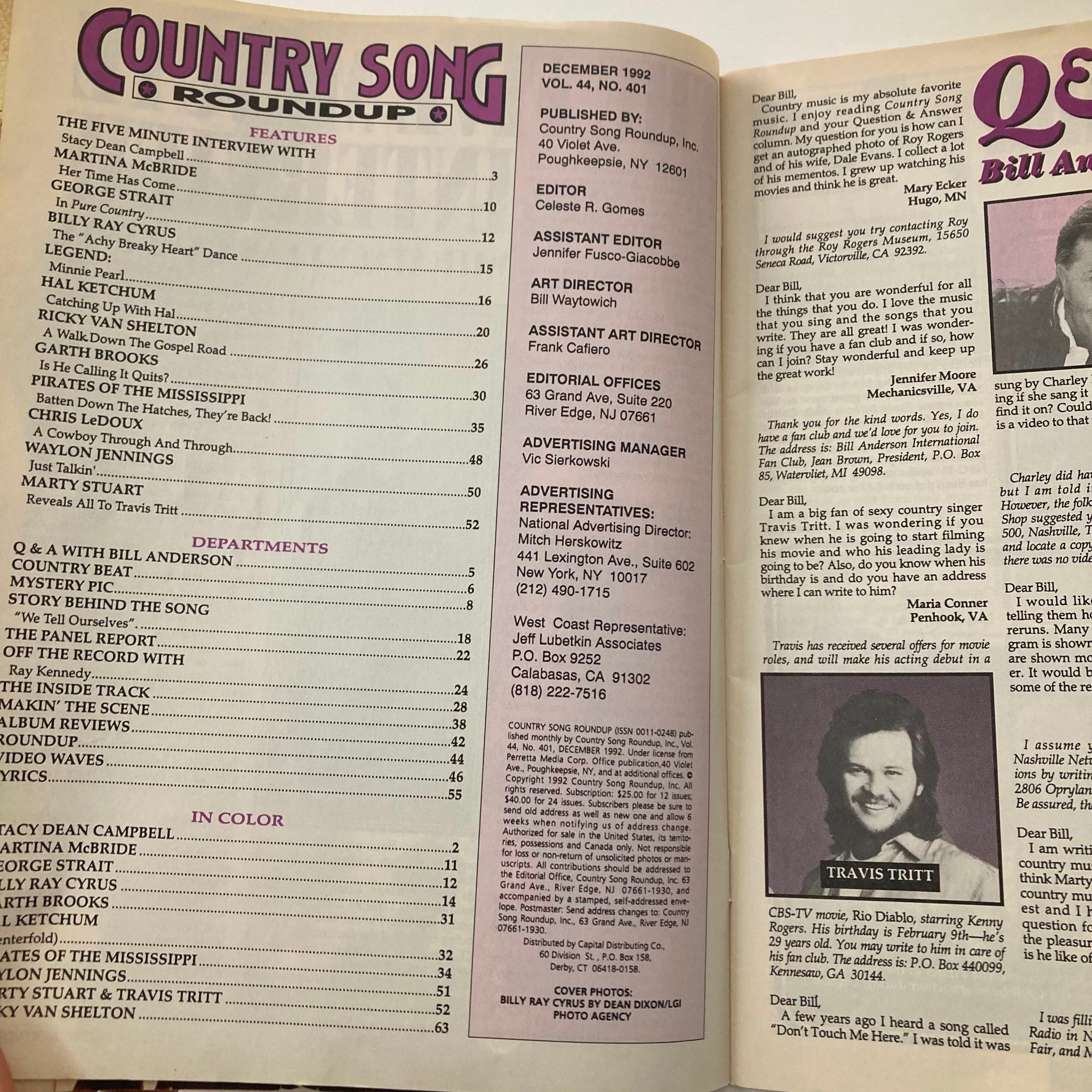 Inside page of Country Song Roundup Magazine, December 1992 showcasing the table of contents. Features interviews and articles about notable country music artists like Billy Ray Cyrus, Martina McBride, and Travis Tritt.