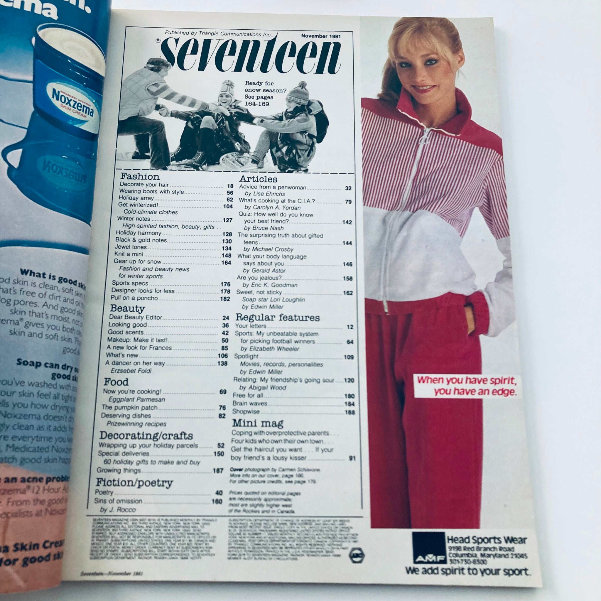 Inside page of VTG Seventeen Magazine November 1981 displaying the table of contents. Features include fashion, articles, beauty advice, and tips for teenage readers. Reflects the unique cultural and fashion trends of the early 1980s.
