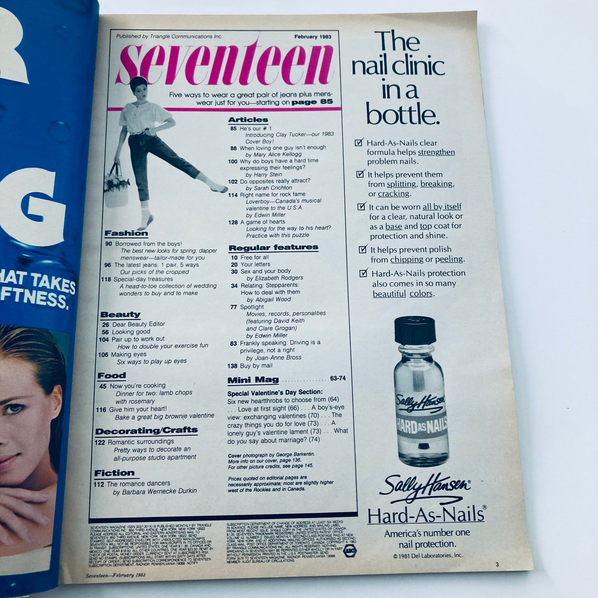 Inside page of Seventeen Magazine February 1983, previewing articles, fashion tips, and regular features, highlighting the era's teen culture with an emphasis on style and beauty.