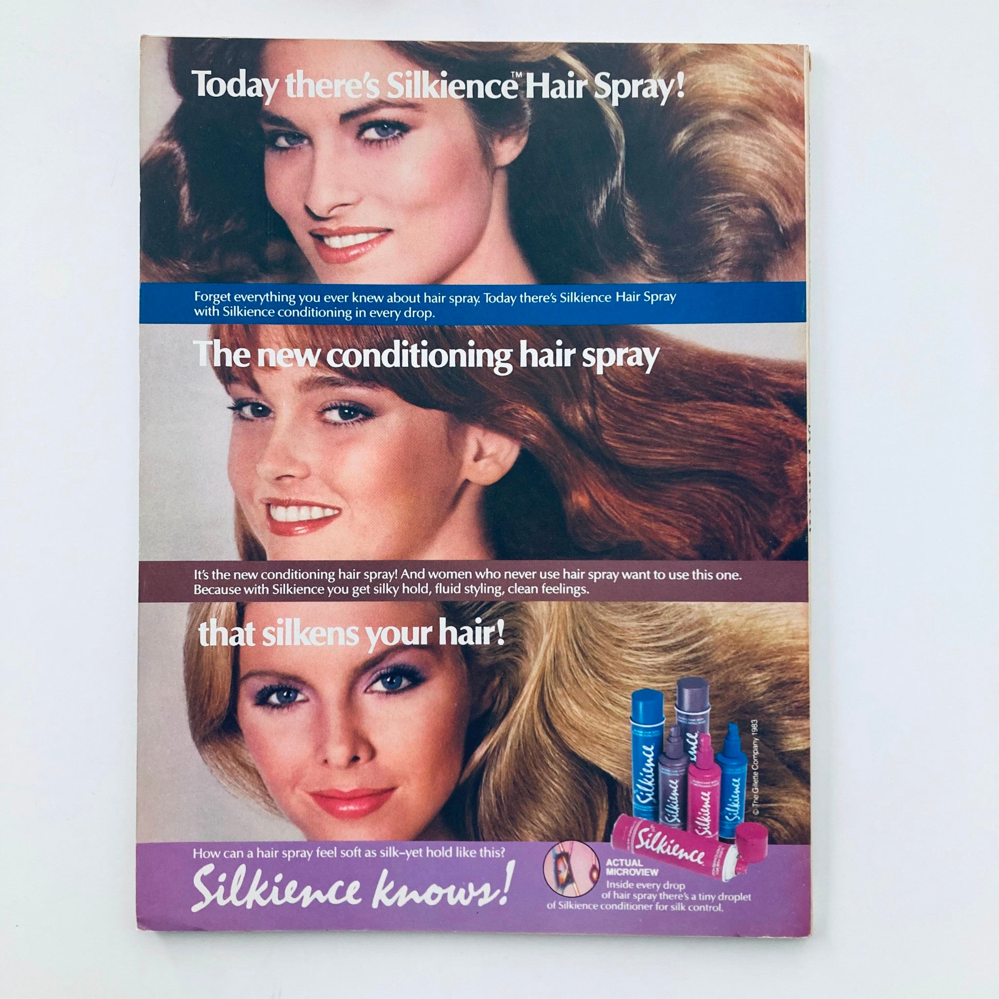 Back cover of Seventeen Magazine February 1983 featuring an advertisement for Silkiemce Hair Spray, illustrating the product’s benefits alongside images of beautiful hairstyles.