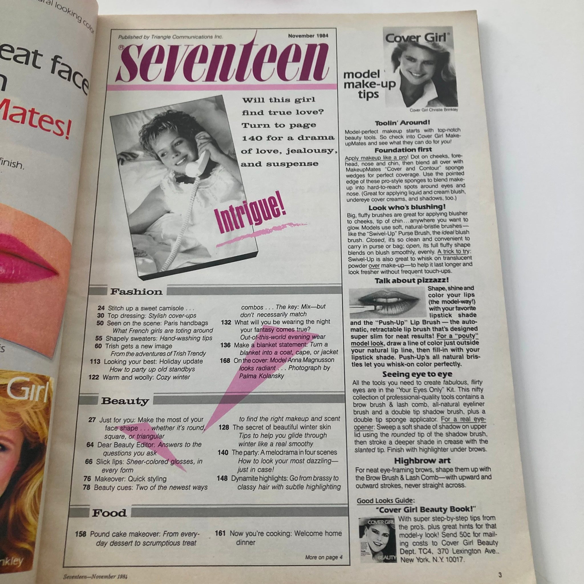 Interior page of the November 1984 Seventeen Magazine highlighting fashion, beauty tips, and a teaser about love and intrigue.