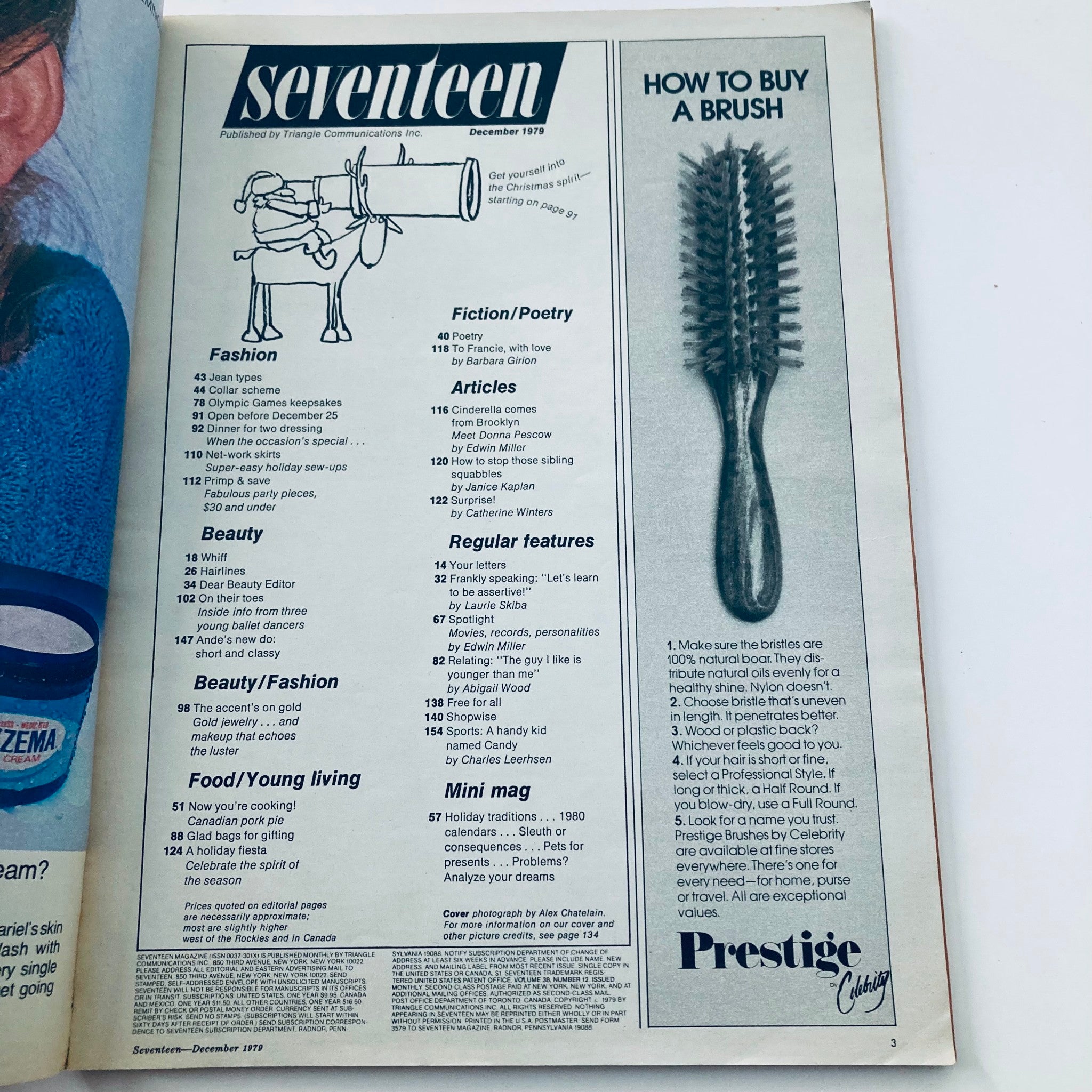 Inside page from VTG Seventeen Magazine December 1979 Olympic Games Keepsakes, displaying the table of contents with fashion and beauty tips.
