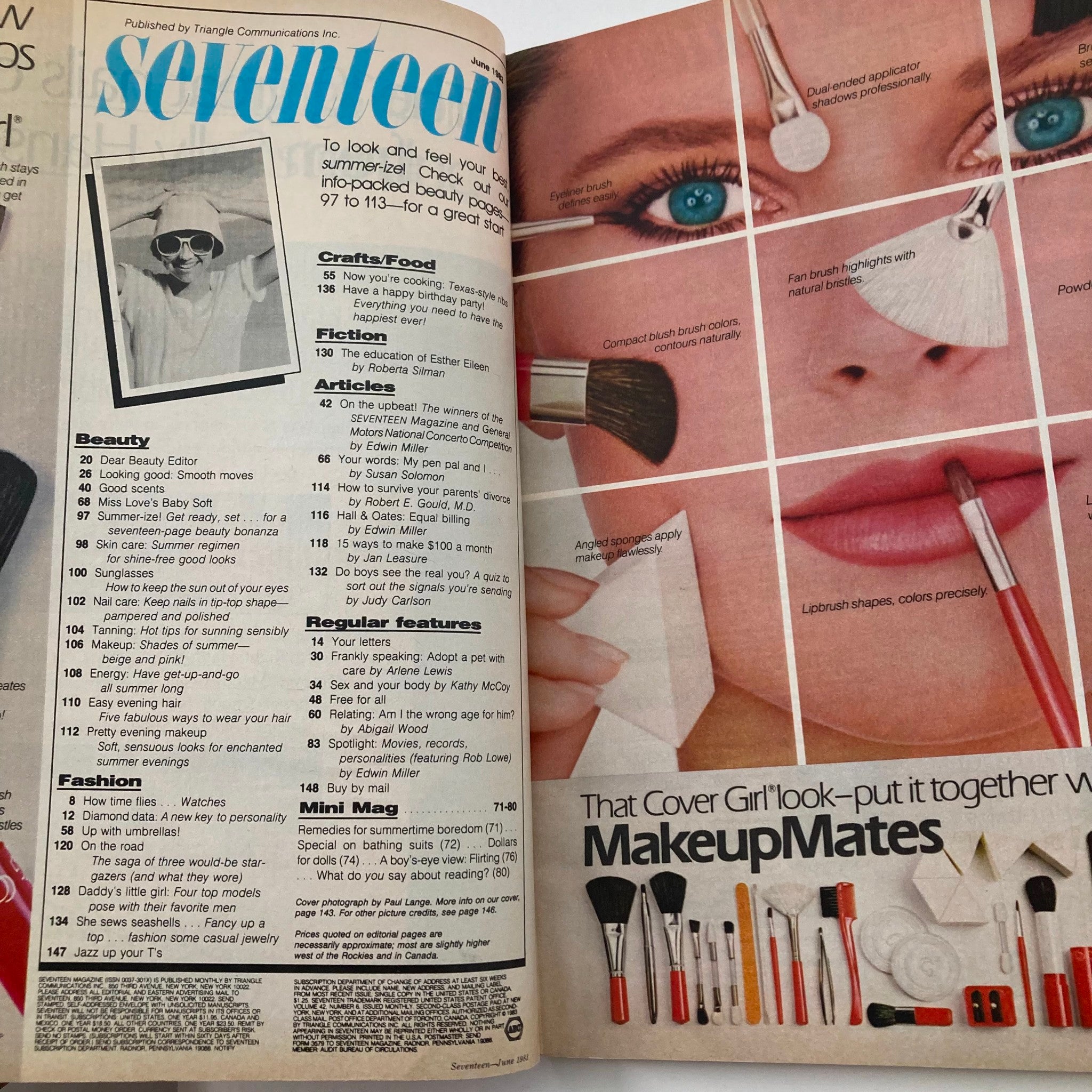 Interior page from VTG Seventeen Magazine June 1983 displaying beauty tips and product features with a focus on summer looks and makeup advice.