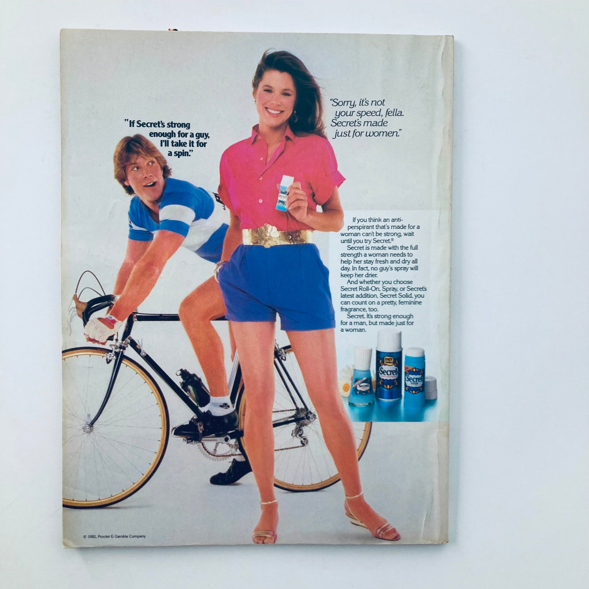 Back cover of VTG Seventeen Magazine June 1983 advertising Secret deodorant, featuring a man and woman in stylish summer outfits, highlighting gender-specific products.