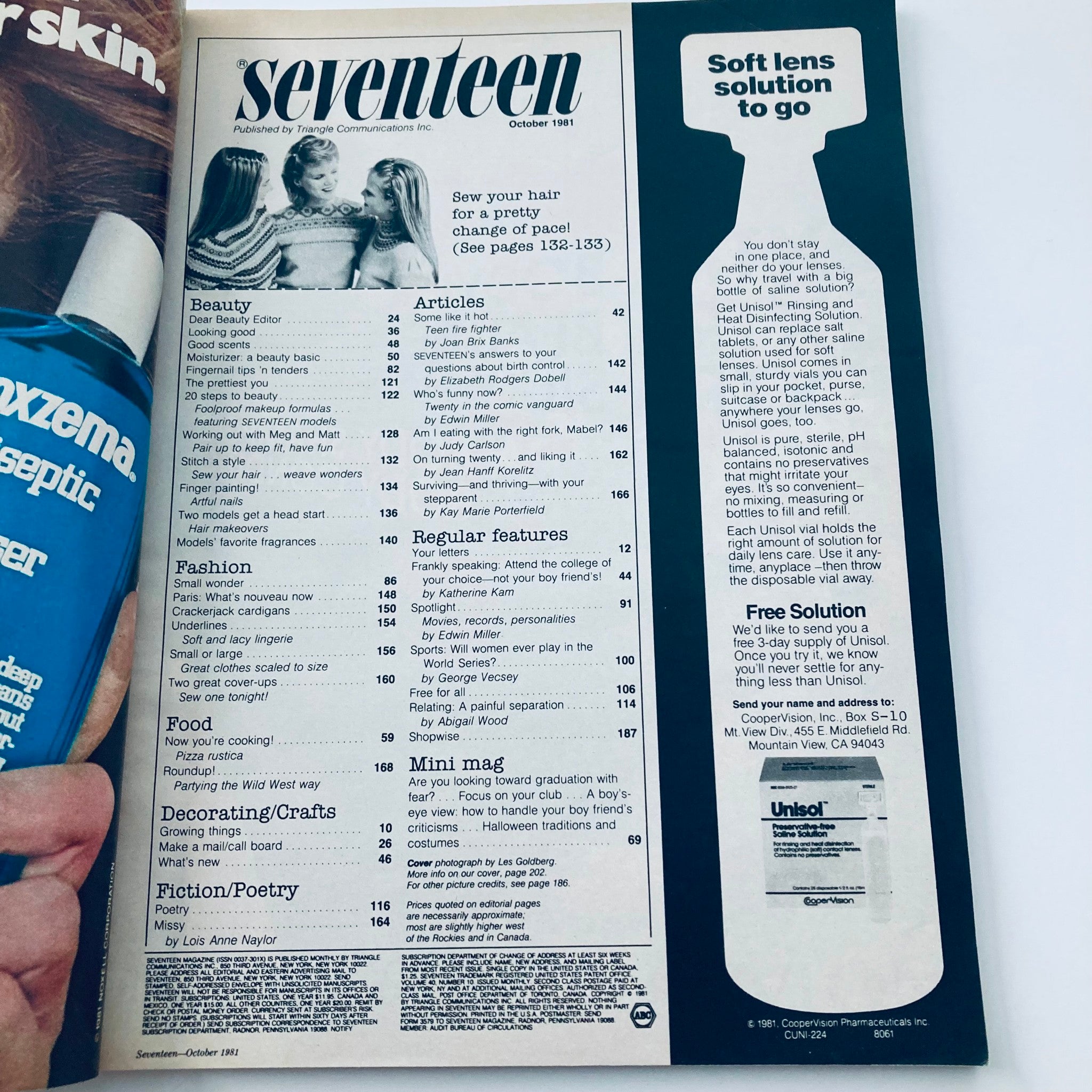 Inside page of Seventeen Magazine October 1981, showcasing the table of contents with articles on beauty, fashion, and relationships aimed at teenage readers.