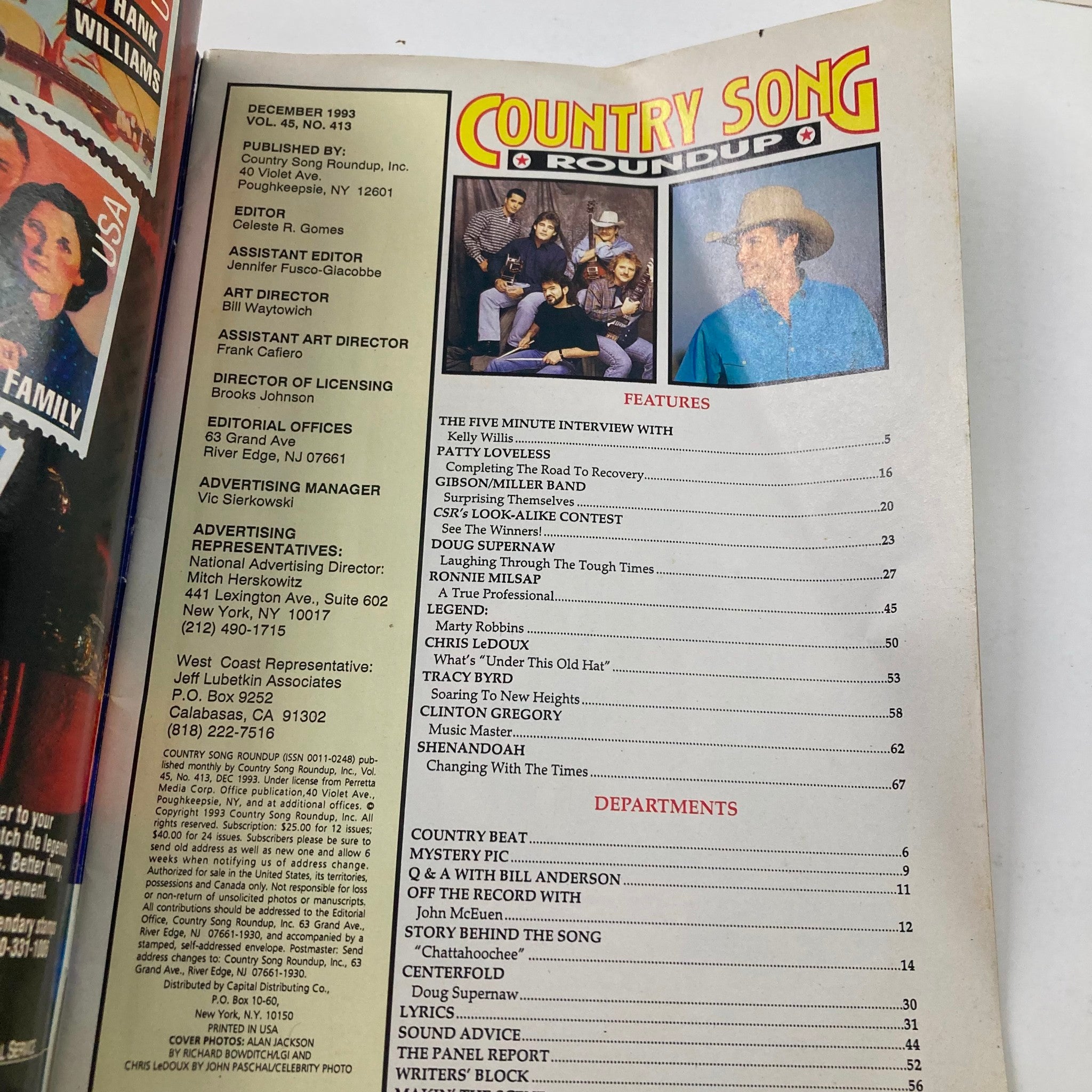 Inside page of Country Song Roundup Magazine December 1993 showcasing features, interviews, and content related to country music artists of the time.