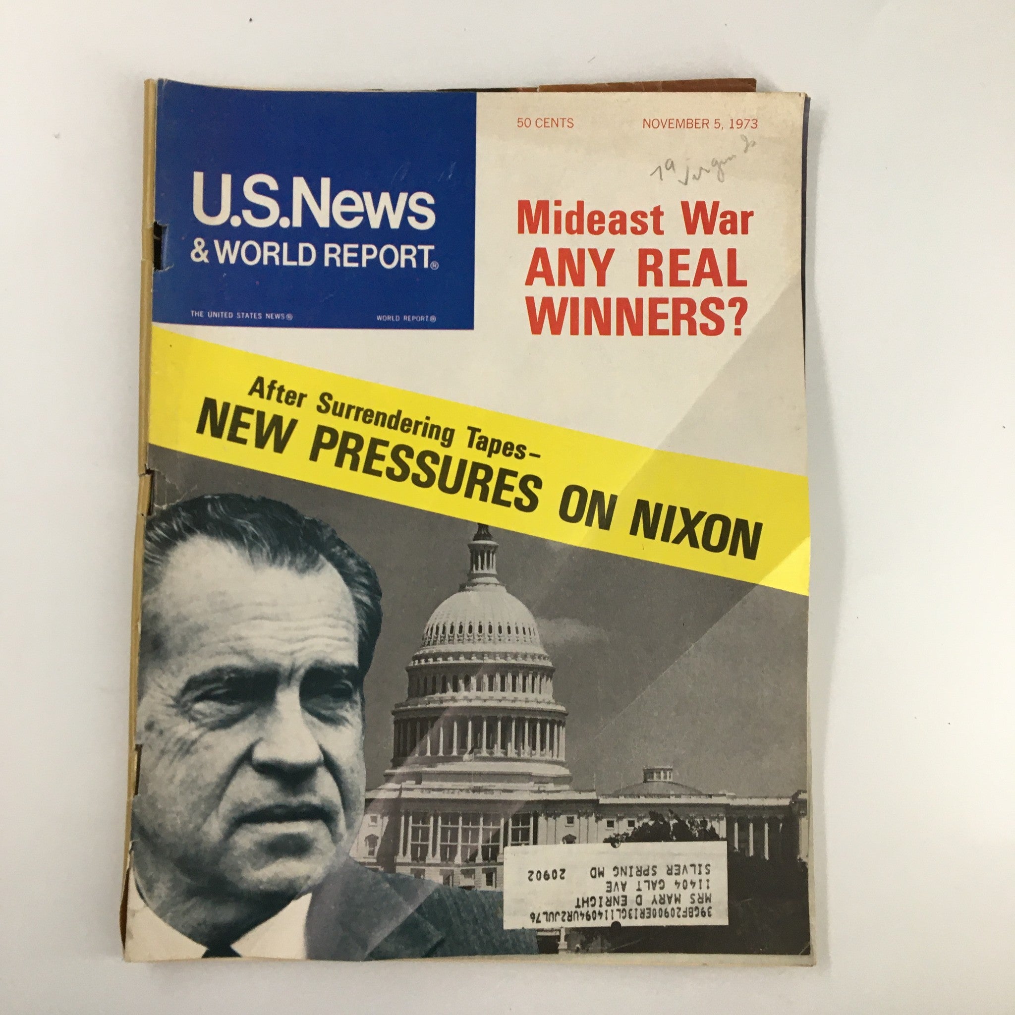 Cover of US News & World Report Magazine from November 5, 1973, featuring the headline 'New Pressures on Nixon' alongside a portrait of Richard Nixon and the U.S. Capitol building. This vintage magazine provides historical insights into the political climate of the early 1970s.