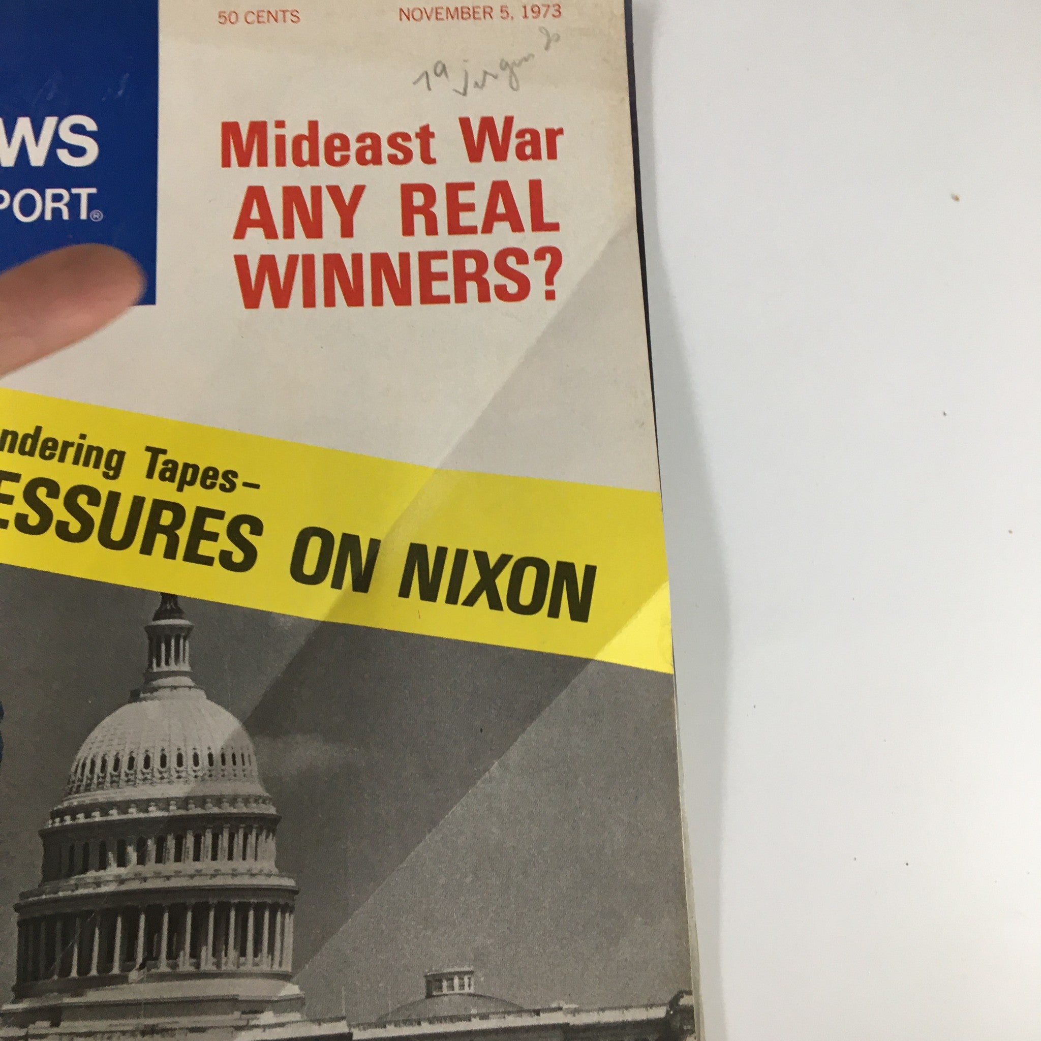 Cover of US News & World Report Magazine, November 5, 1973, featuring the headline 'Mideast War Any Real Winners?' and 'Pressures on Nixon' with an image of the U.S. Capitol.