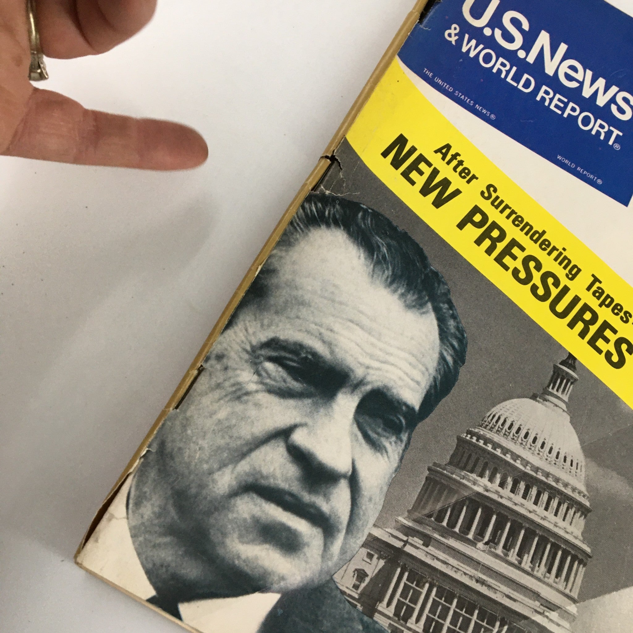 Side view of US News & World Report Magazine from November 5, 1973, displaying Richard Nixon's face with the subheading 'After Surrendering Tapes - New Pressures'.