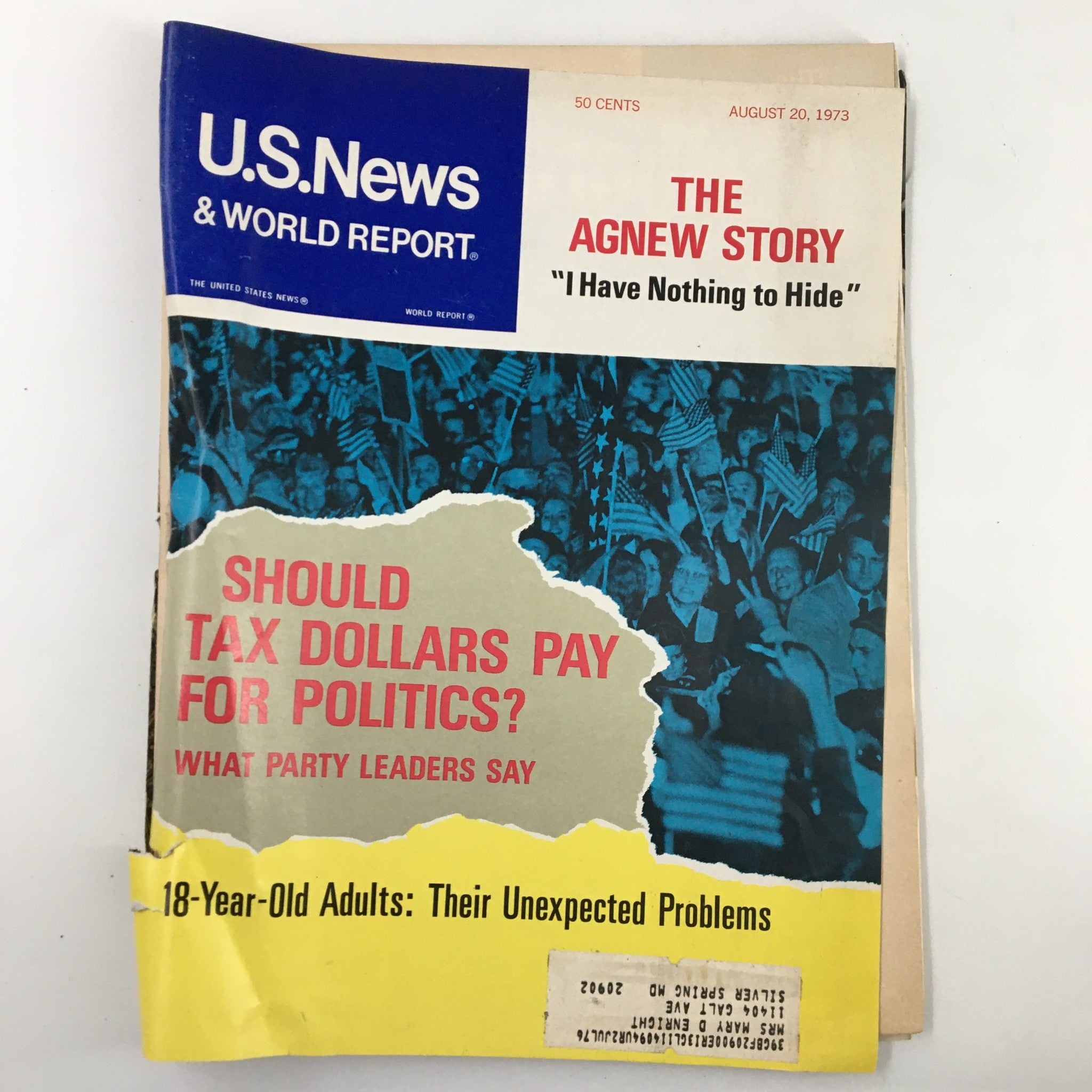 Vintage US News & World Report magazine cover from August 20, 1973 featuring 'The Agnew Story' with headlines discussing political funding and youth issues. A historical piece reflecting political events of the early 1970s.