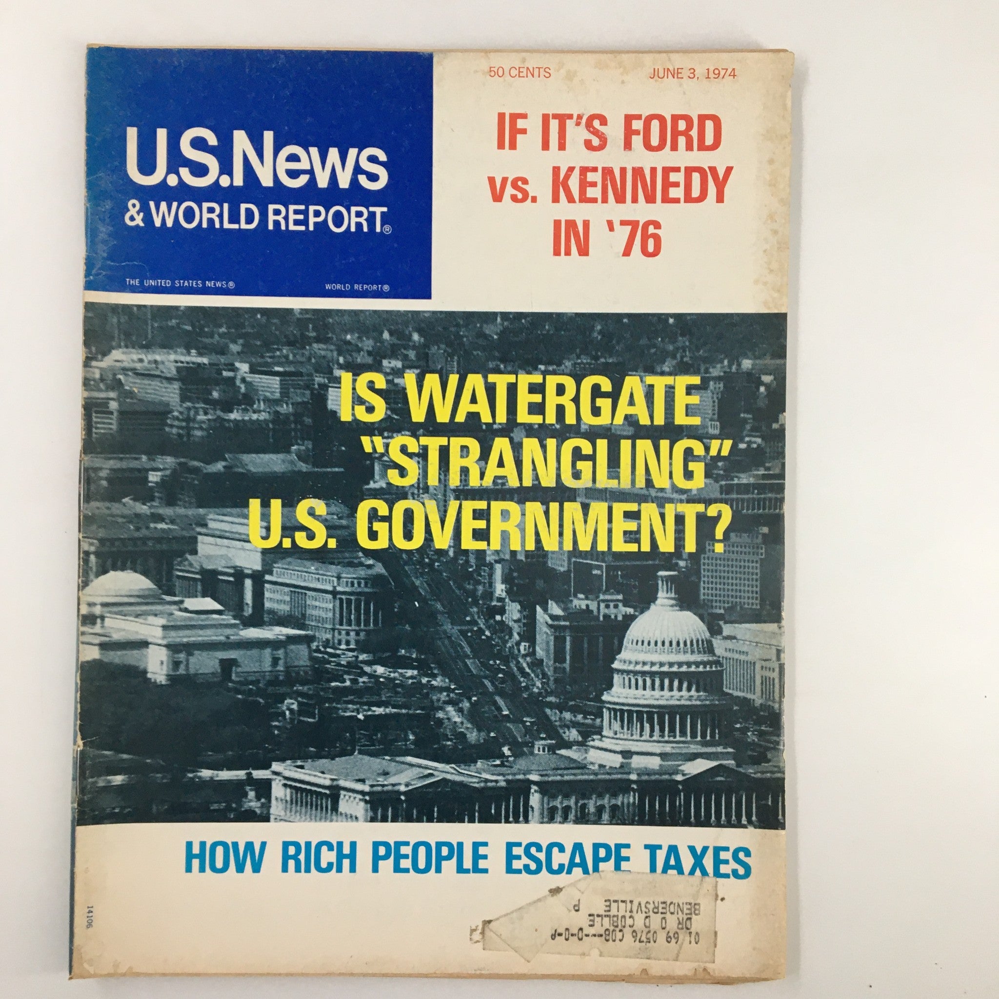US News & World Report Magazine June 3, 1974 cover featuring the headline 'If It's Ford vs. Kennedy in 76' and the question 'Is Watergate Strangling U.S. Government?' along with an aerial view of Washington D.C.