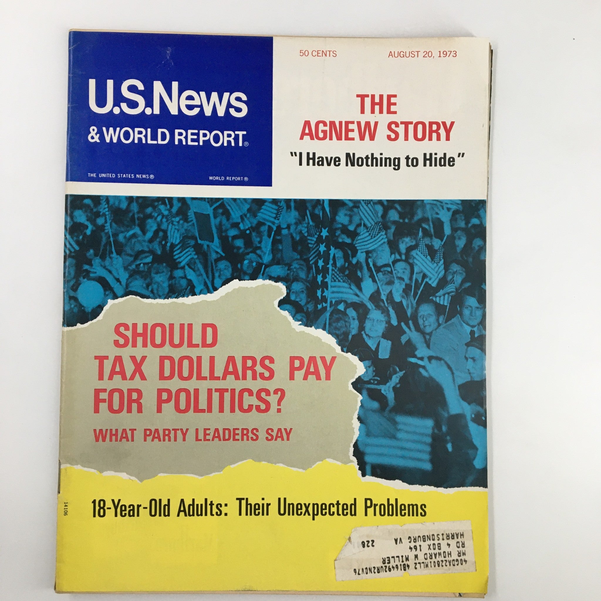 Cover of US News & World Report Magazine dated August 20, 1973, featuring the headline 'Should Tax Dollars Pay for Politics?' and discussing political funding issues, reflecting the political climate of the 1970s.