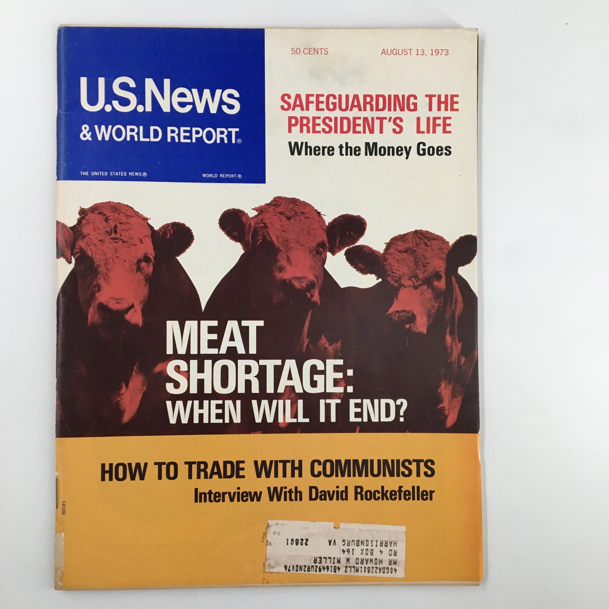 Cover of US News & World Report Magazine dated August 13, 1973, featuring the headline 'Meat Shortage: When Will It End?' with imagery of cattle, showcasing historical commentary on food supply issues.