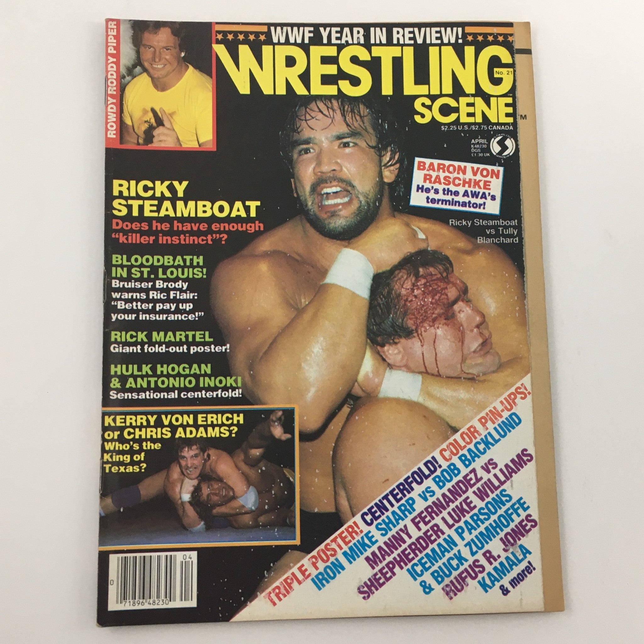 Cover of Wrestling Scene Magazine April 1985 #21 featuring Hulk Hogan and Antonio Inoki, with headlines about Rick Steamboat and other wrestling events.