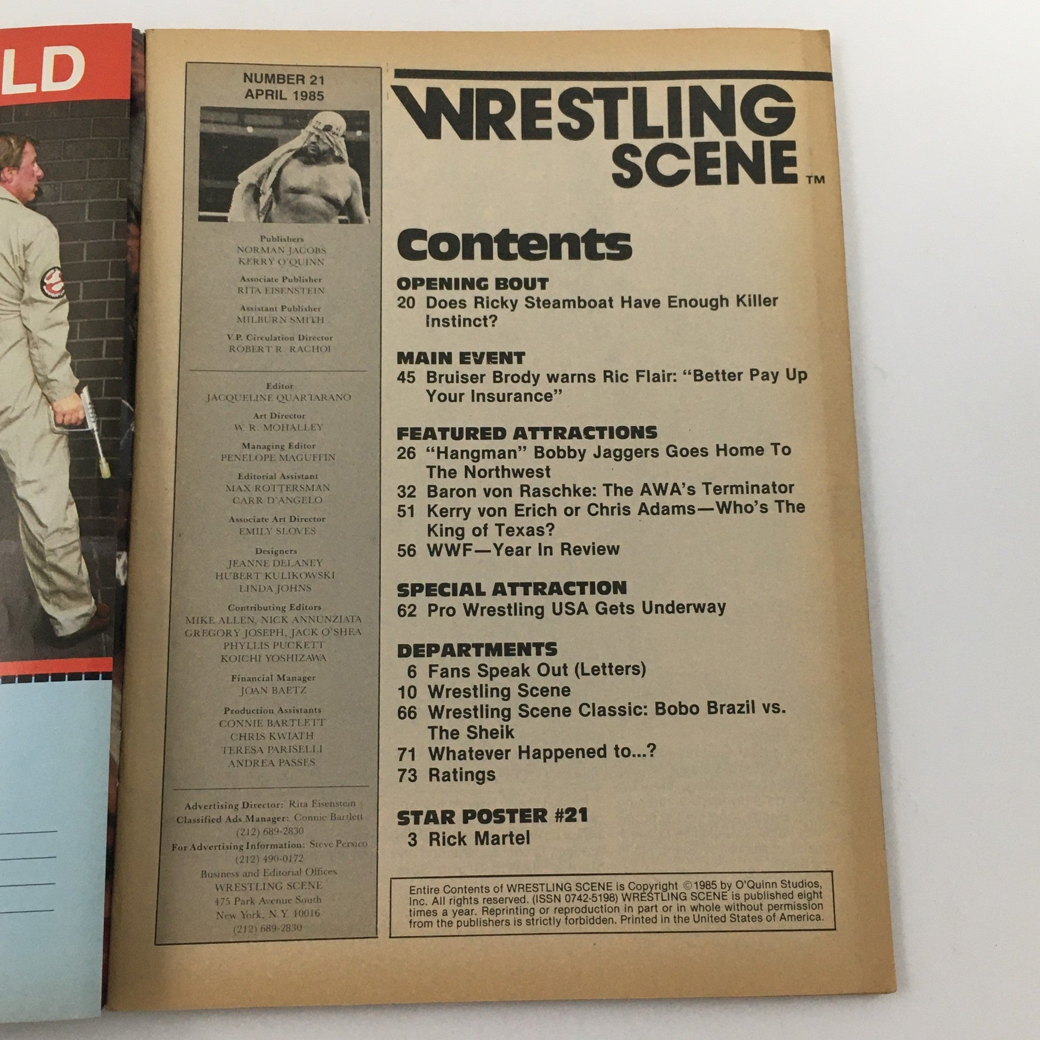 Table of contents from Wrestling Scene Magazine April 1985 #21, detailing featured articles and attractions including Bruiser Brody and WWF Year in Review.