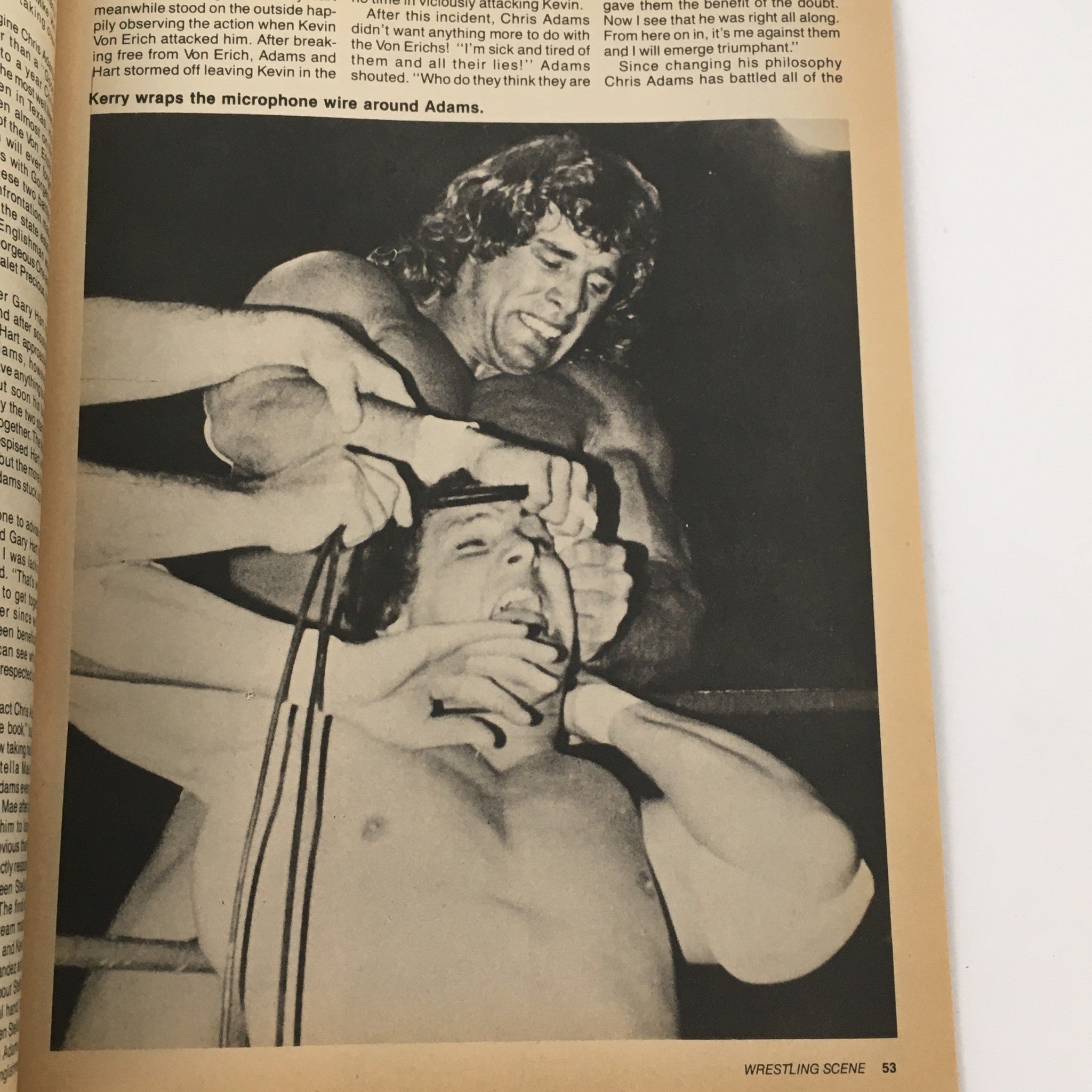 Inside Wrestling Scene Magazine April 1985 #21, showcasing an intense wrestling scene with wrestlers engaged in a struggle, highlighting the drama of professional wrestling.