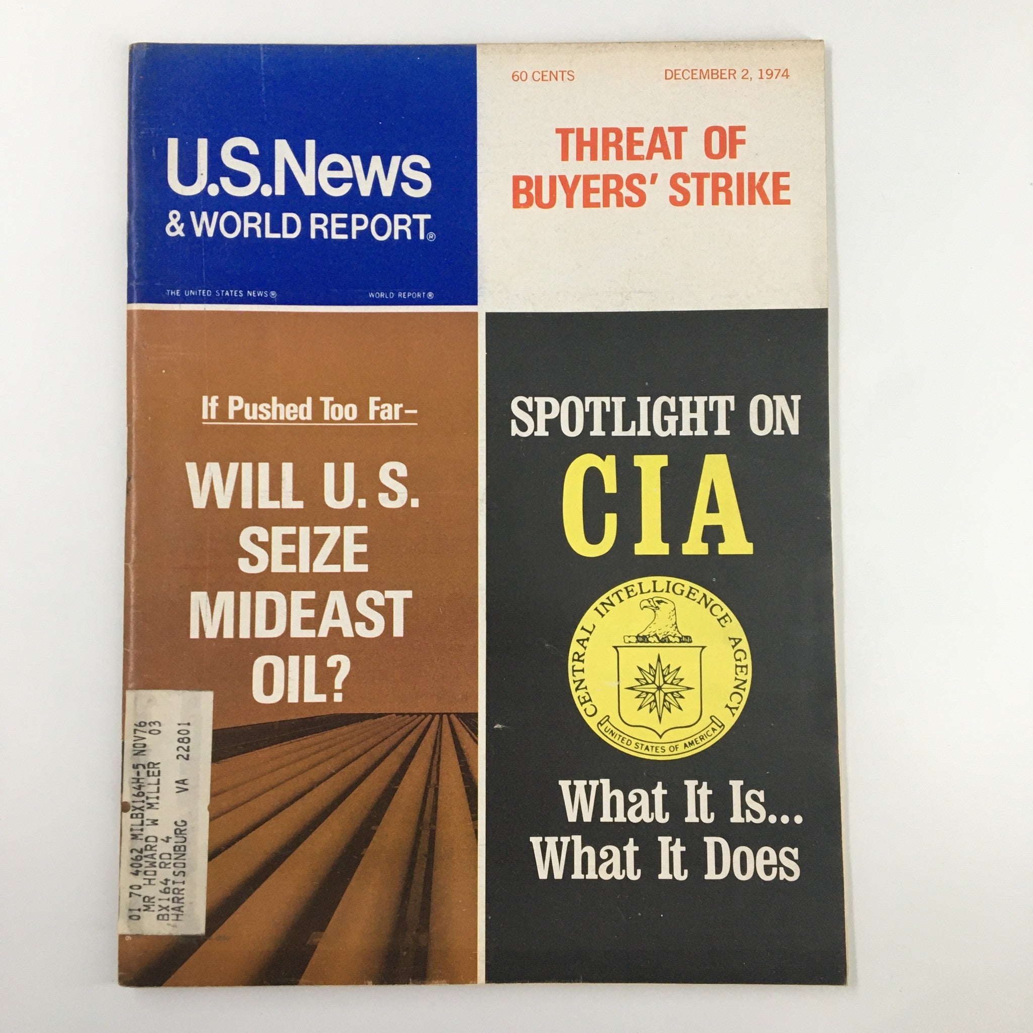 Cover of US News & World Report Magazine from December 2, 1974, featuring the headline: 'If Pushed Too Far - Will U.S. Seize Mideast Oil?' The cover also includes the topics 'Threat of Buyers' Strike' and 'Spotlight on CIA' with the agency's seal.
