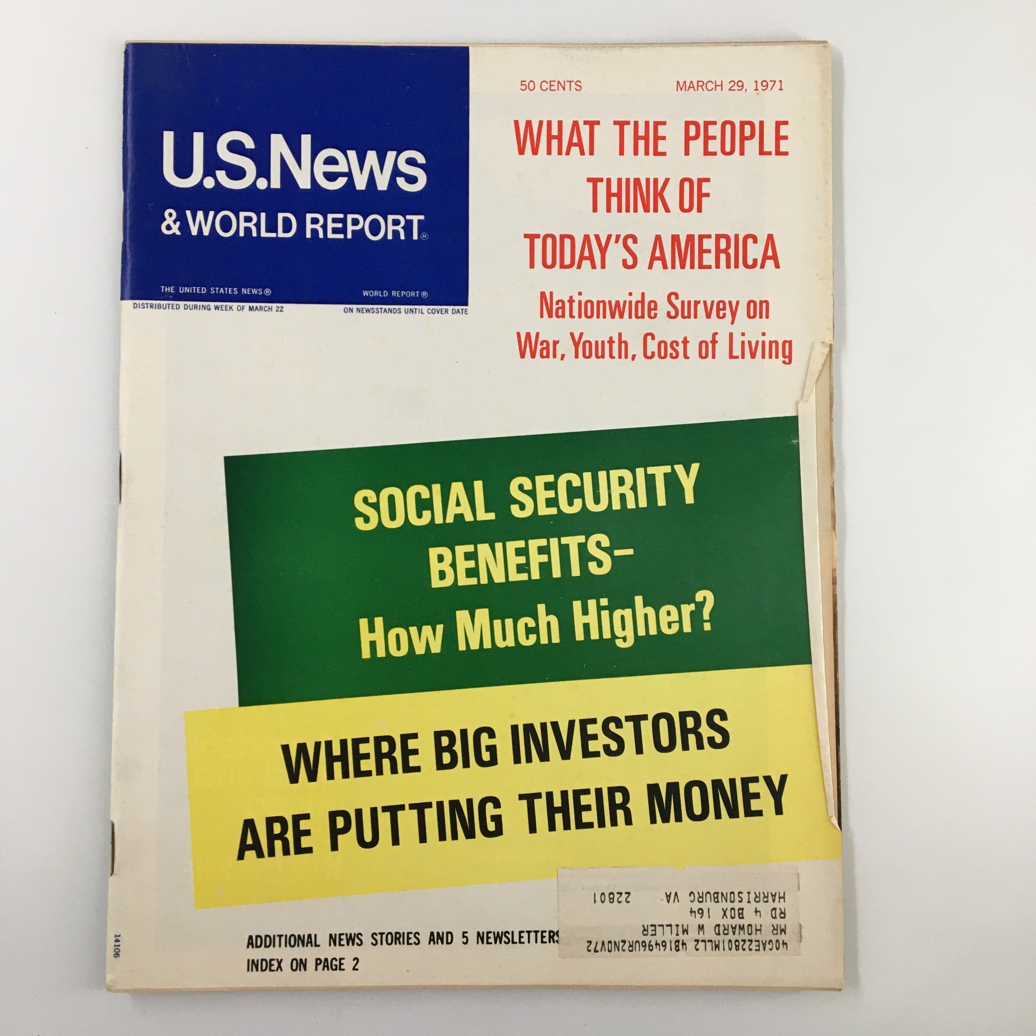 Cover of US News & World Report Magazine from March 29, 1971, featuring the title 'Social Security Benefits - How Much Higher?' with insights on America's opinions regarding war, youth, and the cost of living.