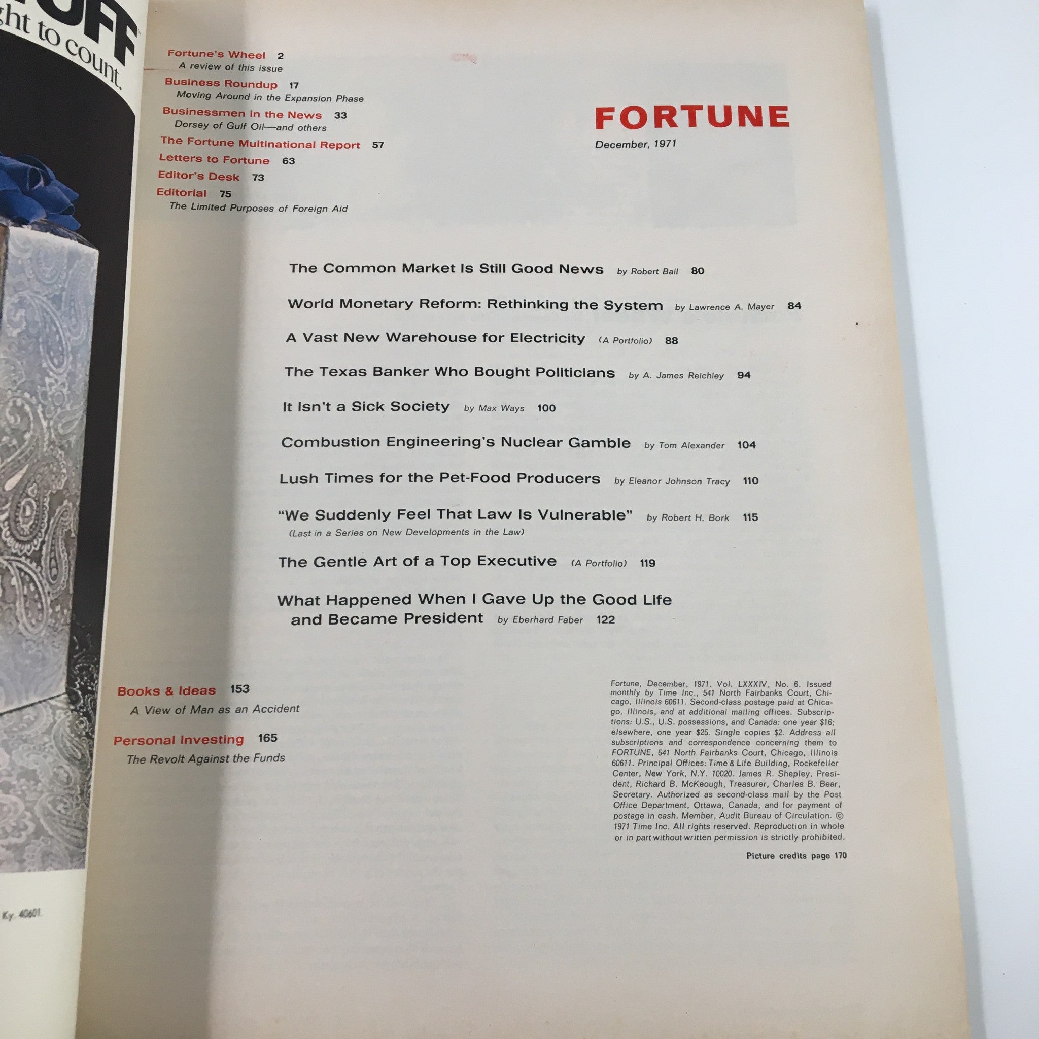 Table of contents from VTG Fortune Magazine December 1971 showcasing feature articles, including 'World Monetary Reform: Rethinking the System' and 'Combustion Engineering's Nuclear Gamble', providing insights into the magazine's focus on economic issues.
