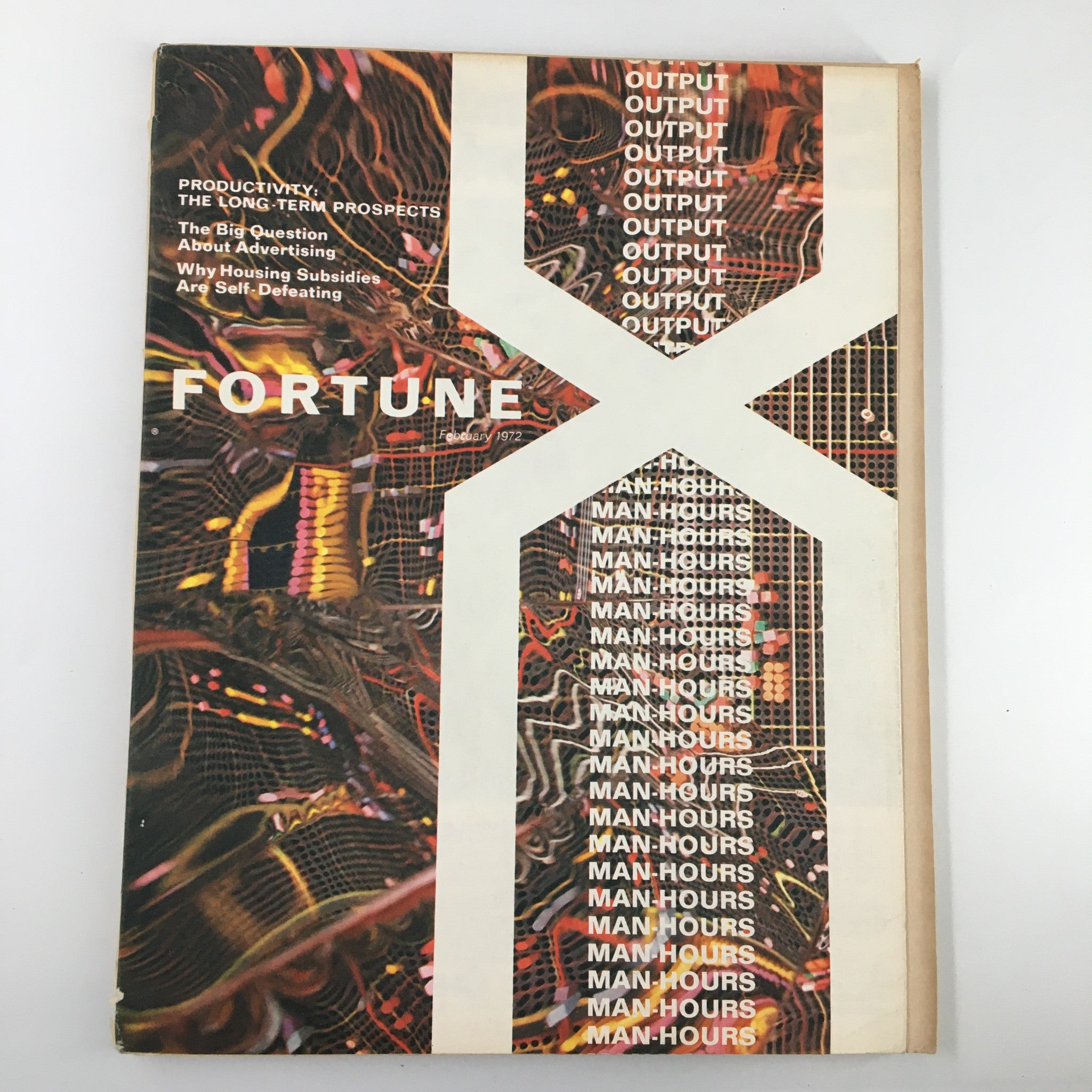 VTG Fortune Magazine February 1972 featuring the cover story 'The Big Question About Advertising' with a vibrant and colorful design, reflecting 1970s advertising culture.