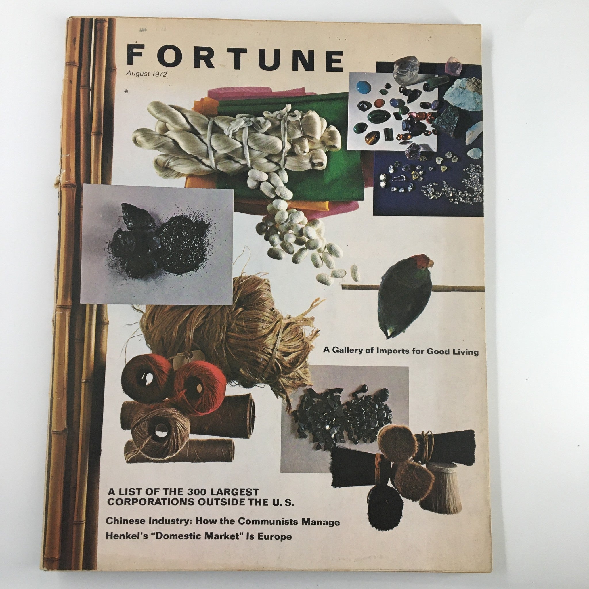 VTG Fortune Magazine August 1972 cover featuring articles on Henkel's Domestic Market in Europe and a gallery of imports for good living, showcasing various materials and a pet bird.