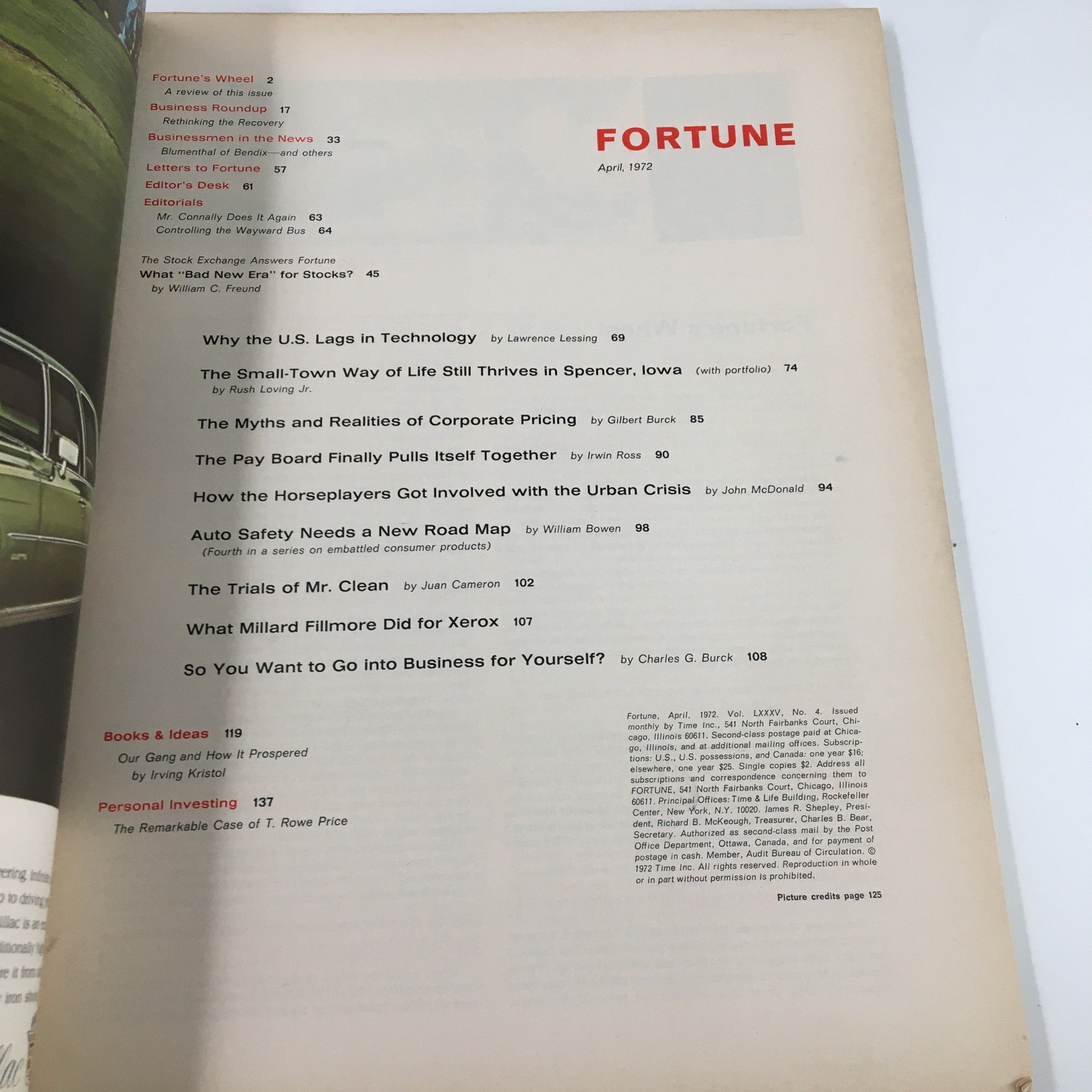 Inside page of VTG Fortune Magazine April 1972, displaying the table of contents with various article titles including 'The Small-Town Way of Life Still Thrives in Spencer, Iowa'.