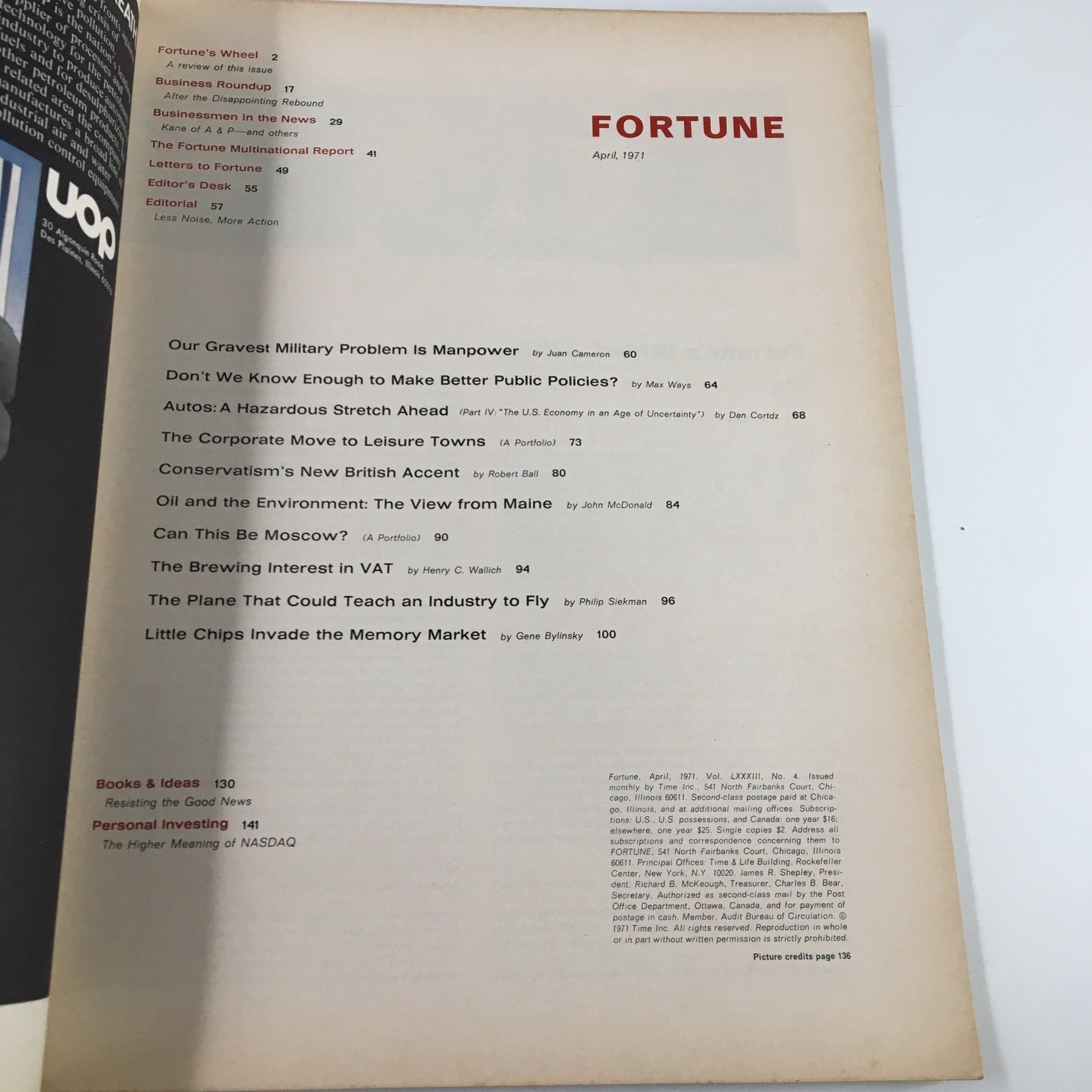 Inside page of the VTG Fortune Magazine April 1971 listing contents, including articles on manpower, public policies, and leisure towns.