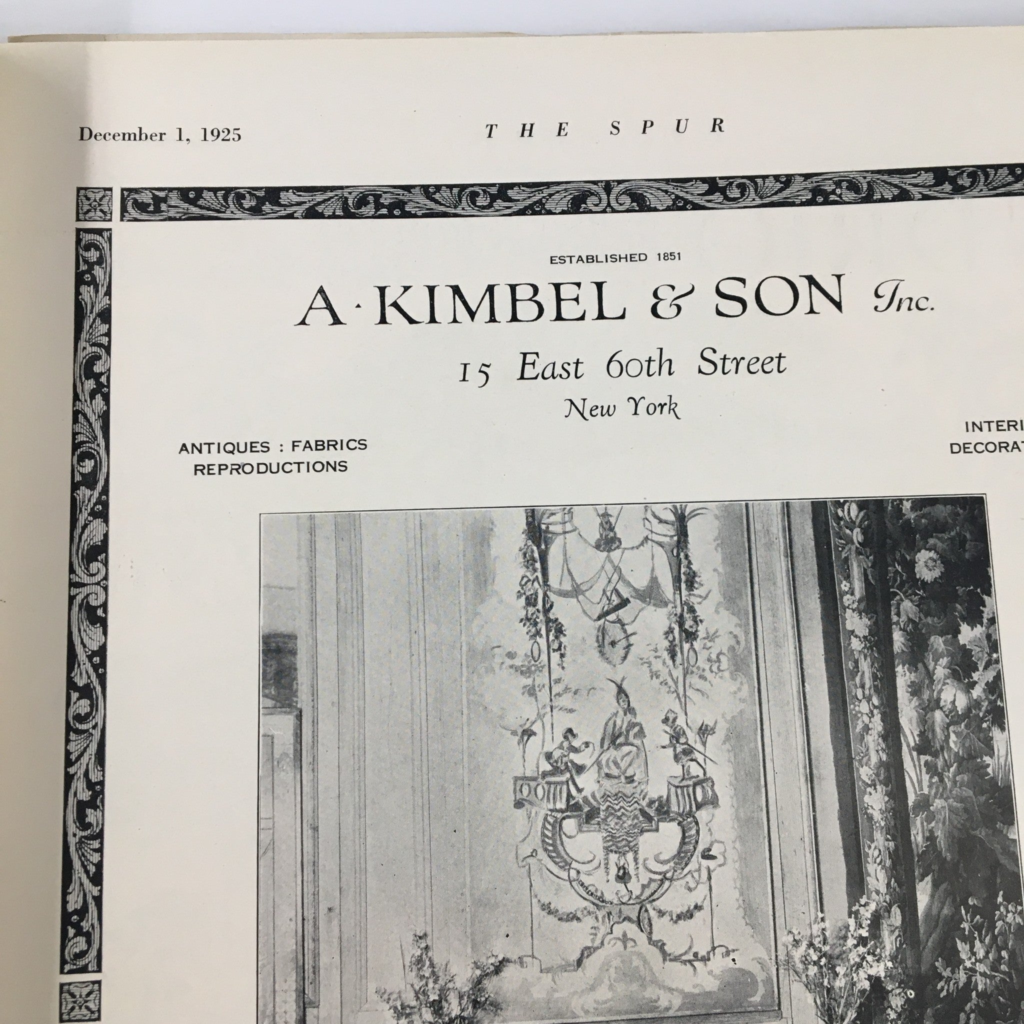 The Spur Magazine December 1 1925, featuring an advertisement for A. Kimbel & Son, a New York antique store.