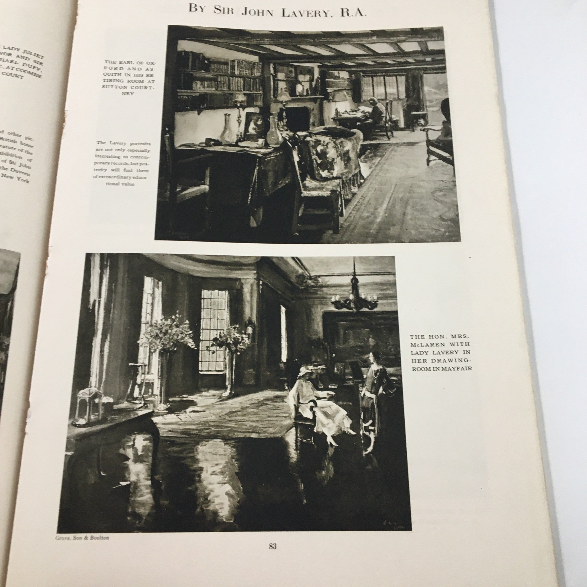 Interior images from The Spur Magazine December 1 1925 showcasing artwork by Sir John Lavery, including a detailed living room and a drawing room scene.
