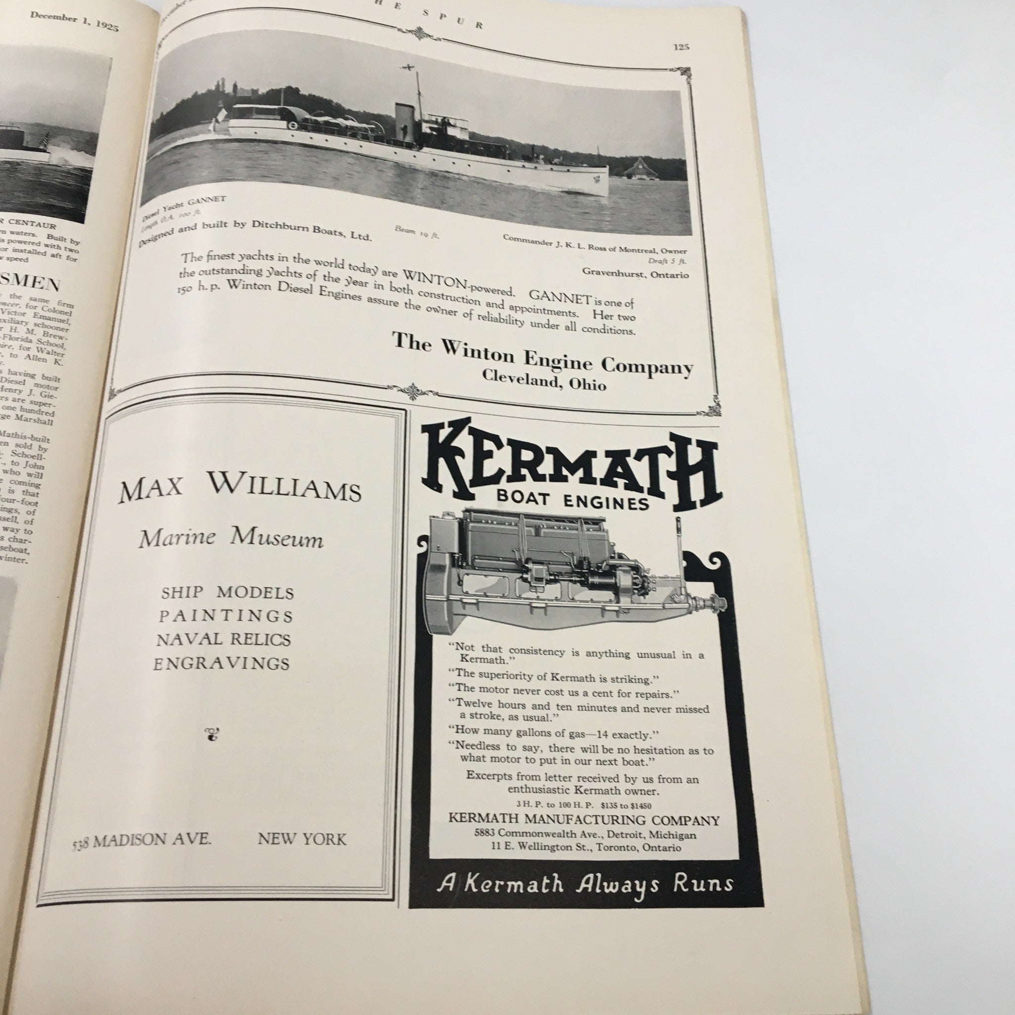 Advertisement page from The Spur Magazine December 1 1925 featuring the Winton Engine Company and Kermath Boat Engines, highlighting maritime technology and ship models.