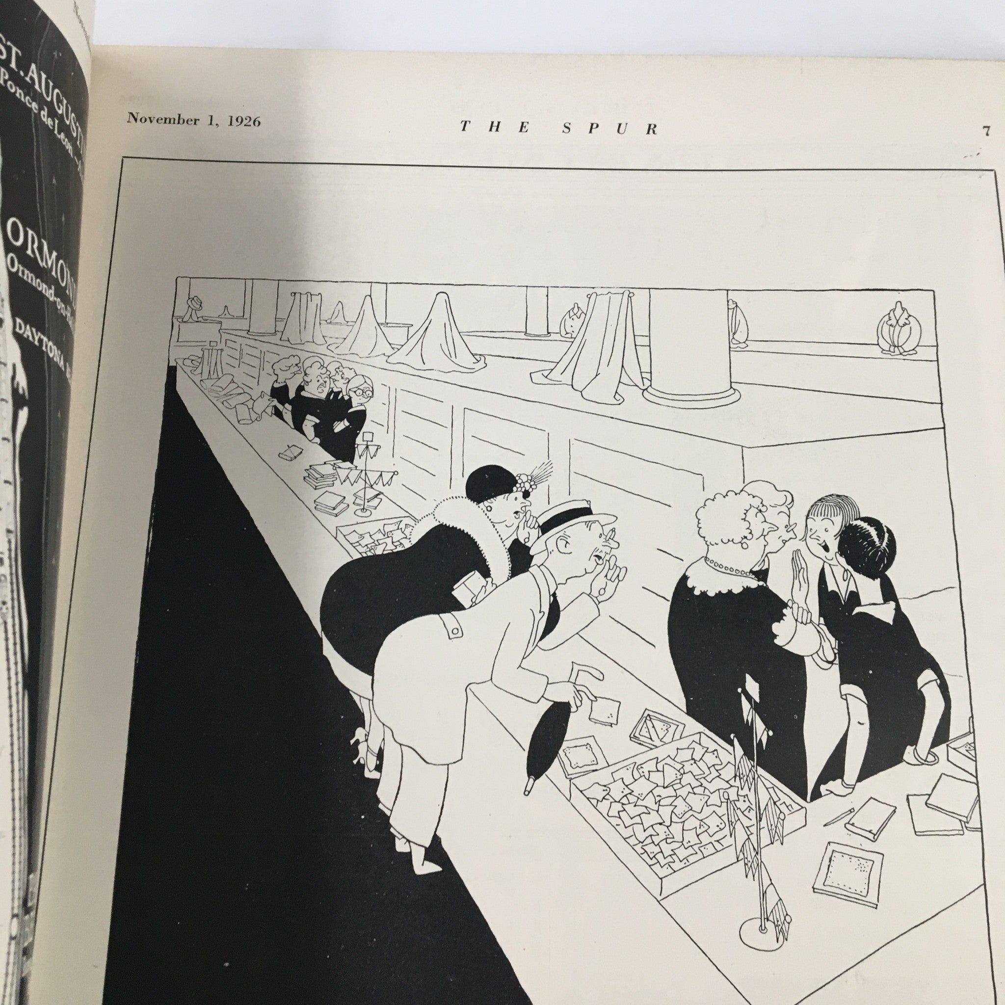 Illustration from The Spur Magazine November 1, 1926 showing a lively scene depicting brides and guests at a wedding reception, capturing the essence of autumn weddings in the 1920s.