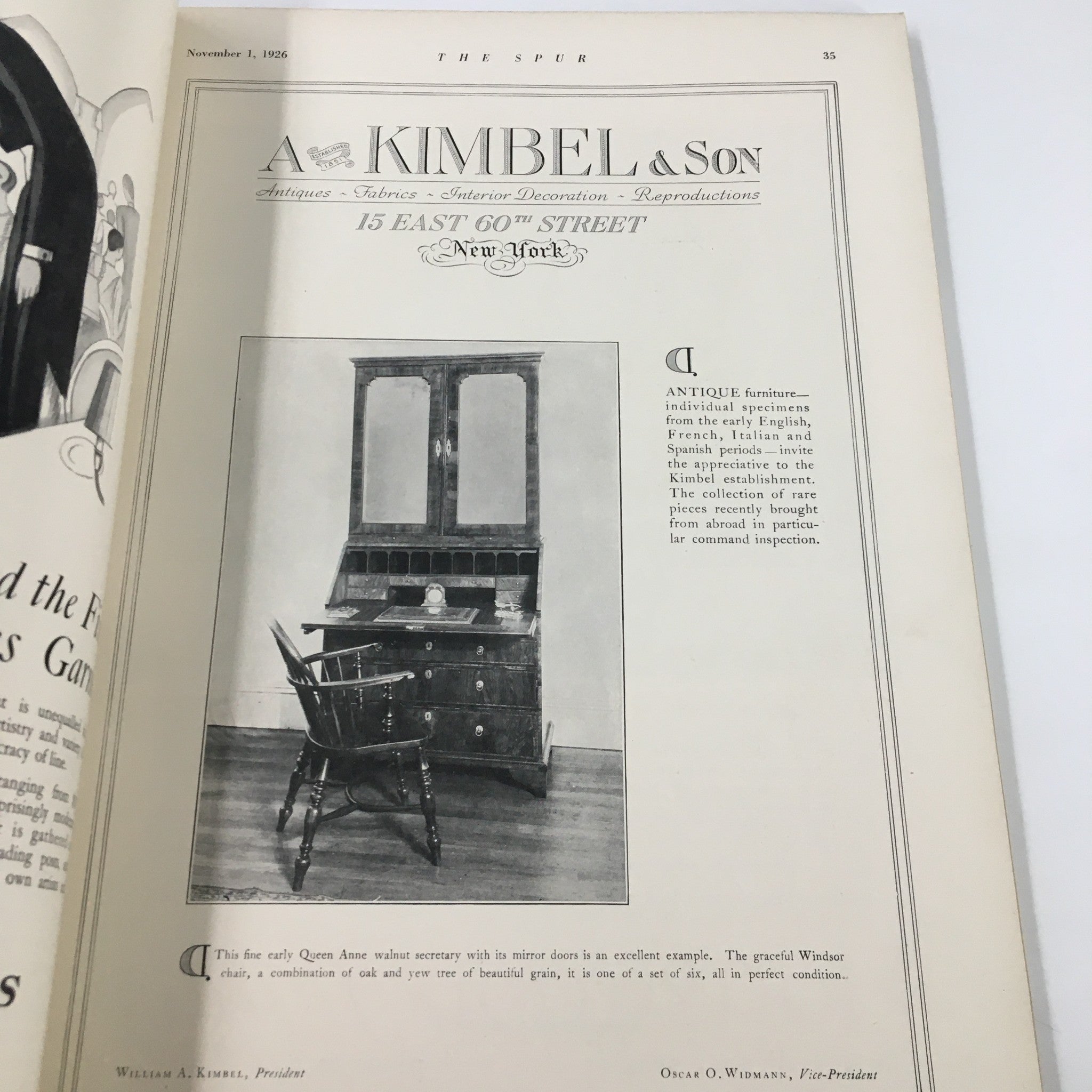 Antique furniture advertisement from The Spur Magazine November 1, 1926 featuring a stylish Queen Anne style vanity with a chair, showcasing classic design elements of the era.