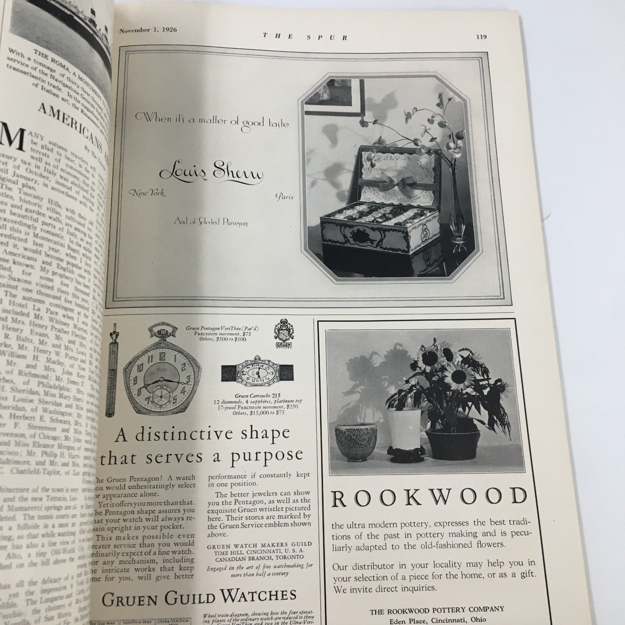 Vintage advertisement from The Spur Magazine November 1, 1926 promoting Gruen Guild Watches, highlighting the craftsmanship and design aesthetics of the time.