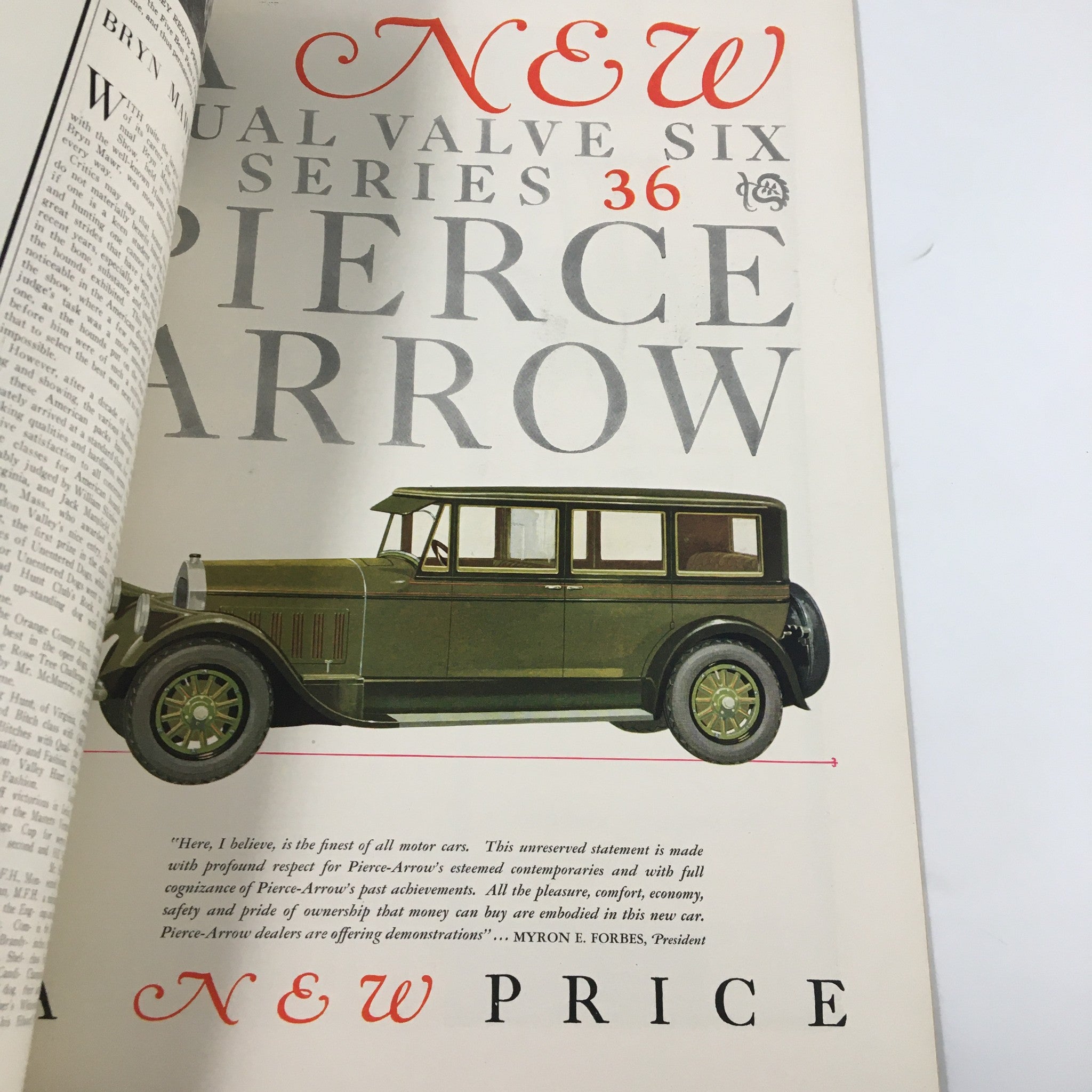 Advertisement for the Pierce Arrow car in The Spur Magazine November 1, 1926 showcasing the luxury and innovation of 1920s automobile design, featuring a detailed illustration.