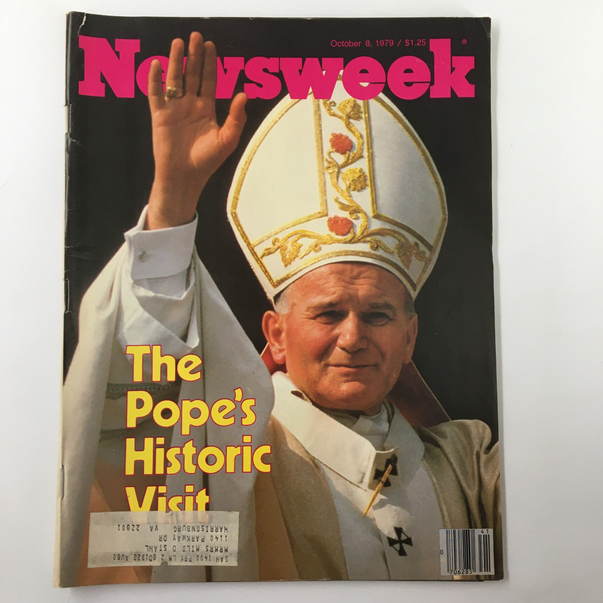 Cover image of the VTG Newsweek Magazine from October 8, 1979 featuring Pope John Paul II during his historic visit, showcasing the title 'The Pope's Historic Visit' in bold lettering.