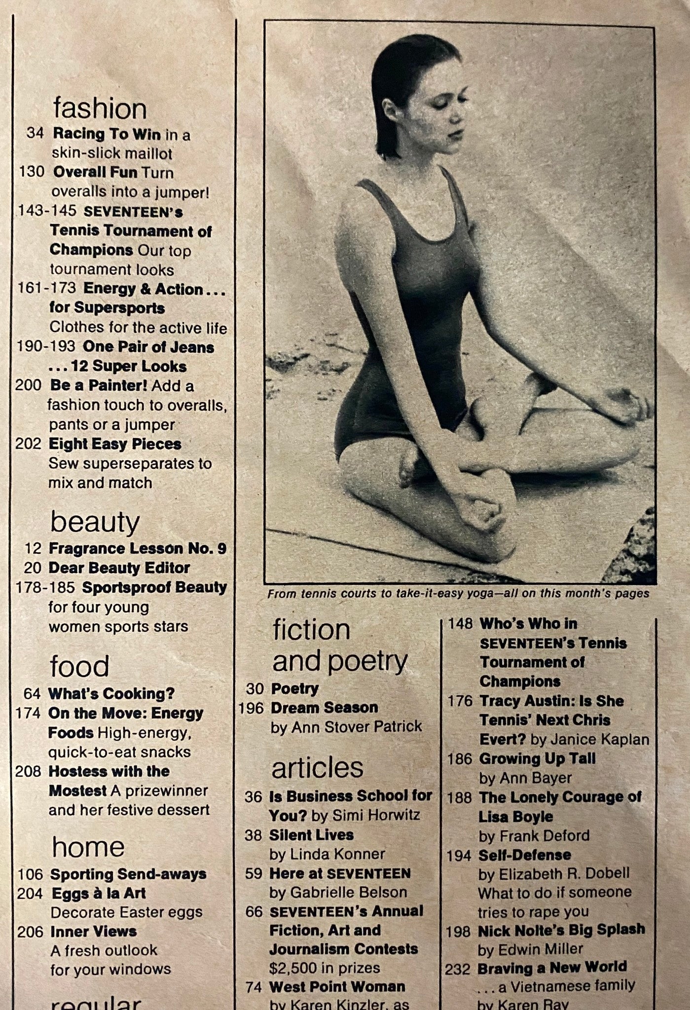 Interior page from Seventeen Magazine April 1977 displaying the contents menu, including articles on fashion, beauty, food, and features related to young women's interests.