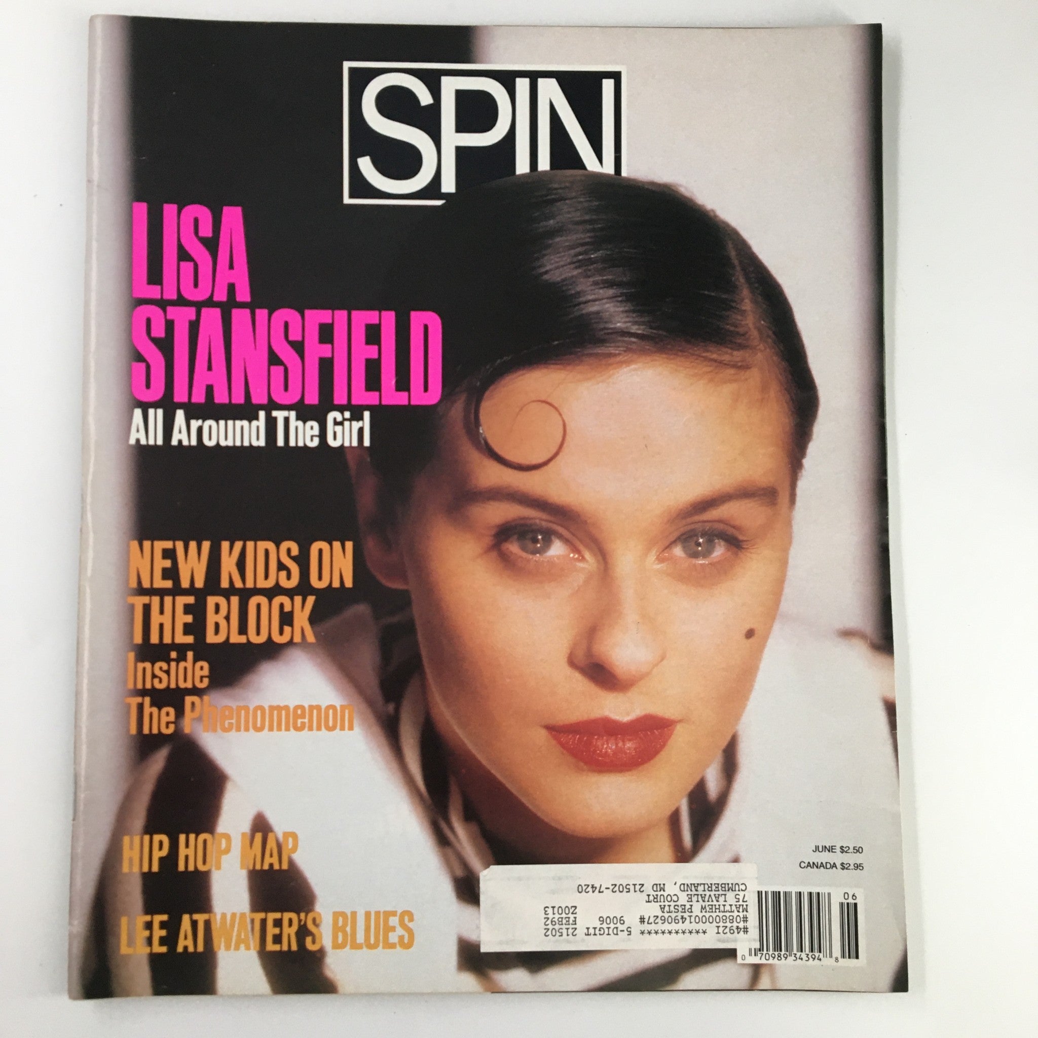 Cover of Spin Magazine from June 1990, Volume 6, Issue 3 featuring Lisa Stansfield, highlighting topics such as New Kids on the Block and Hip Hop, perfect for vintage magazine collectors.