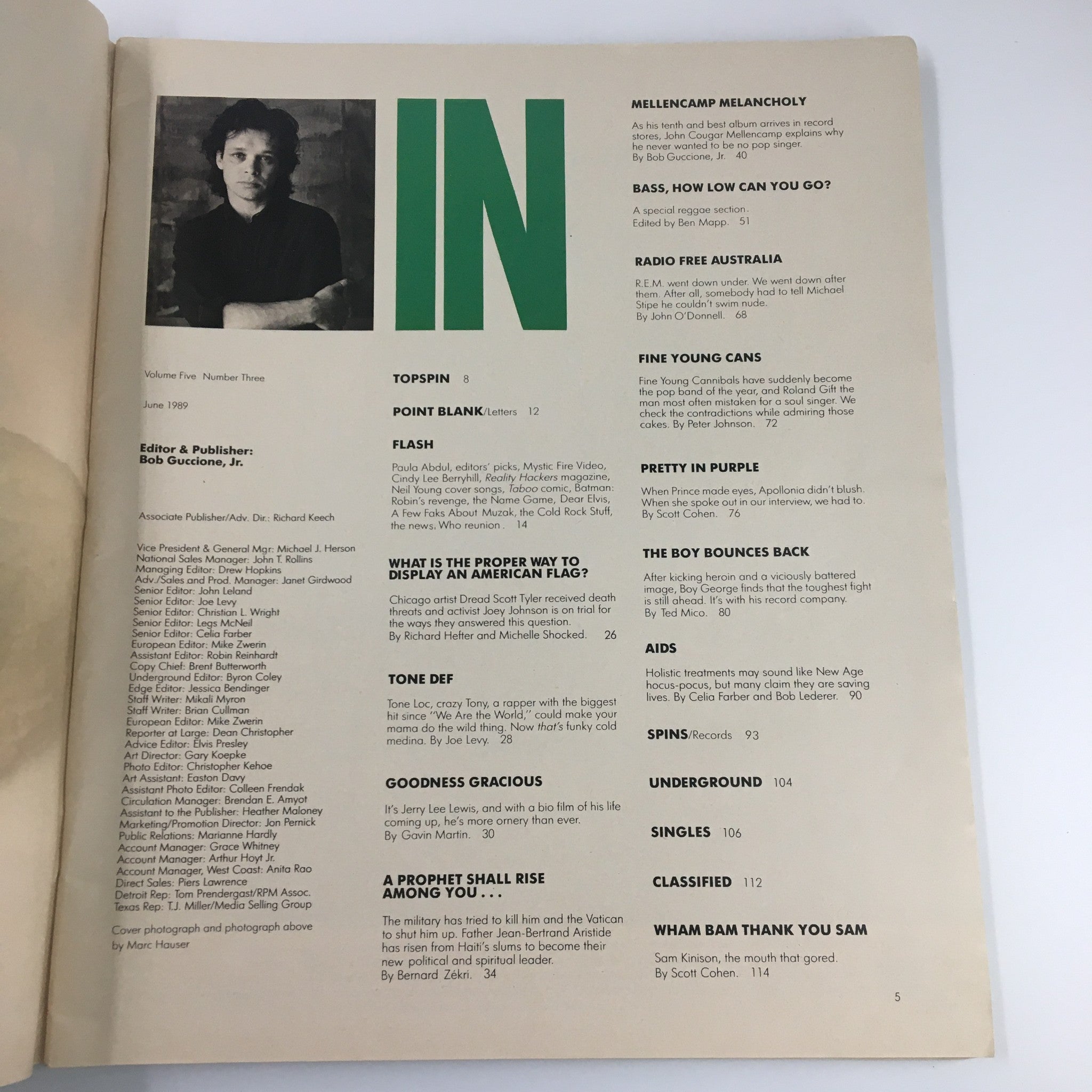Inside spread of Spin Magazine June 1989 featuring the table of contents and editorial details alongside a black and white photo of John Cougar Mellencamp, highlighting this exclusive interview issue, Vol 5 #3.