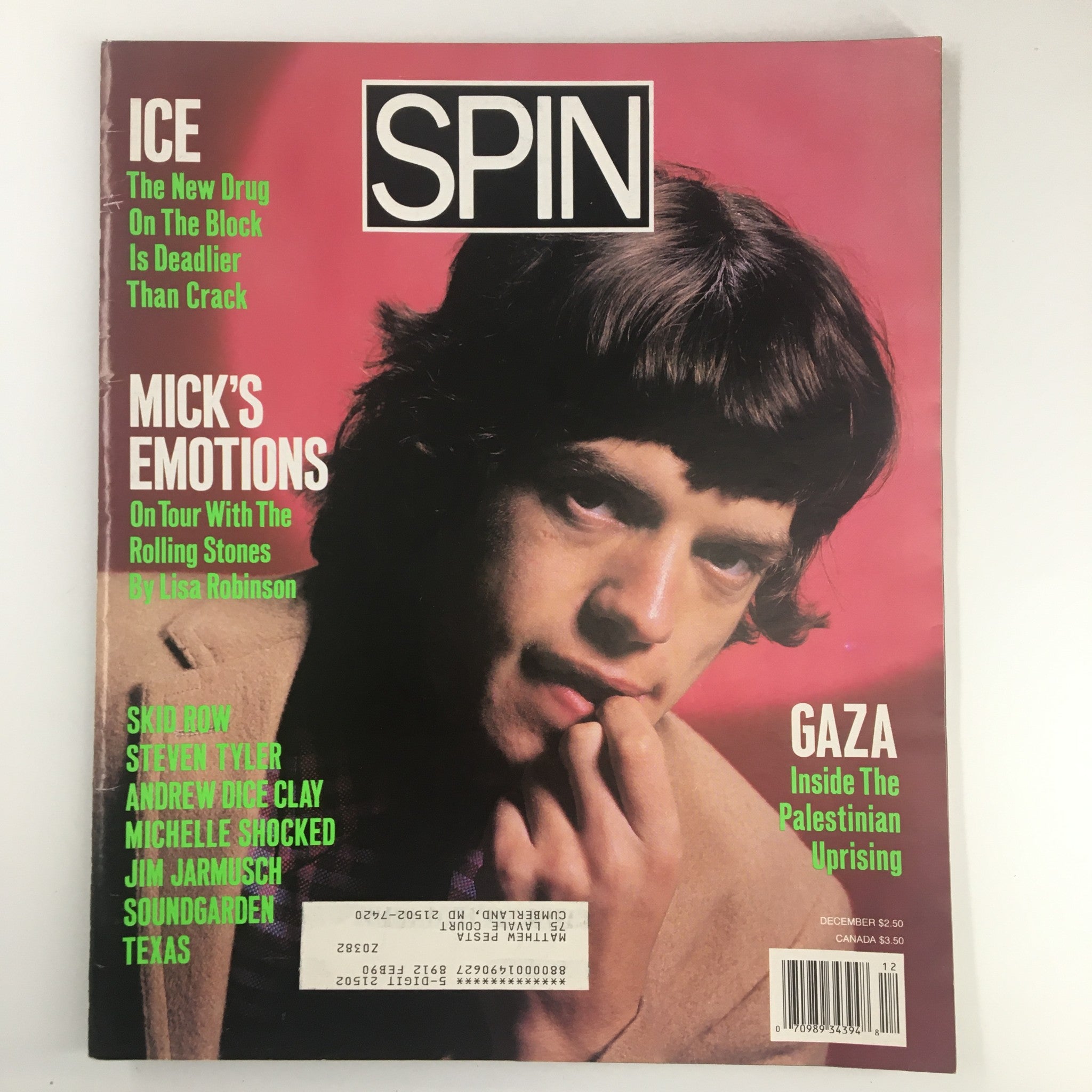 Cover of VTG Spin Magazine December 1989 featuring Mick Jagger On Tour with Rolling Stones, showcasing a close-up photograph of Mick Jagger with bold text highlighting 'MICK'S EMOTIONS'.