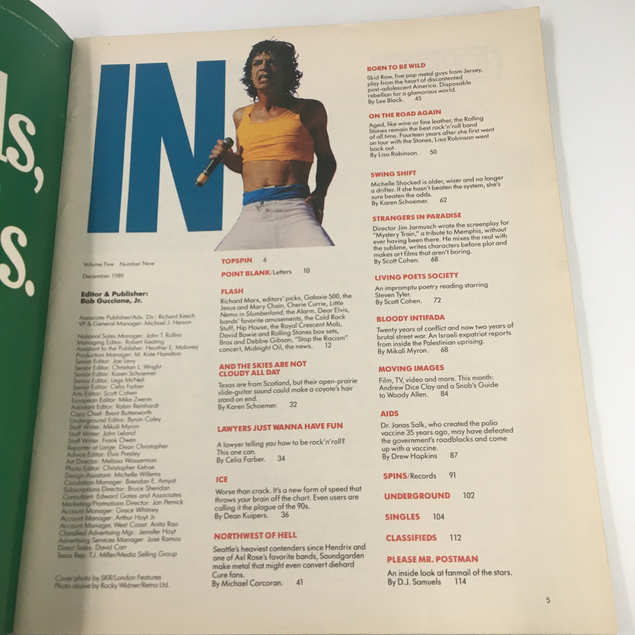Page from VTG Spin Magazine December 1989 displaying the contents section with highlights of articles including Mick Jagger's performance and other notable features from the magazine.