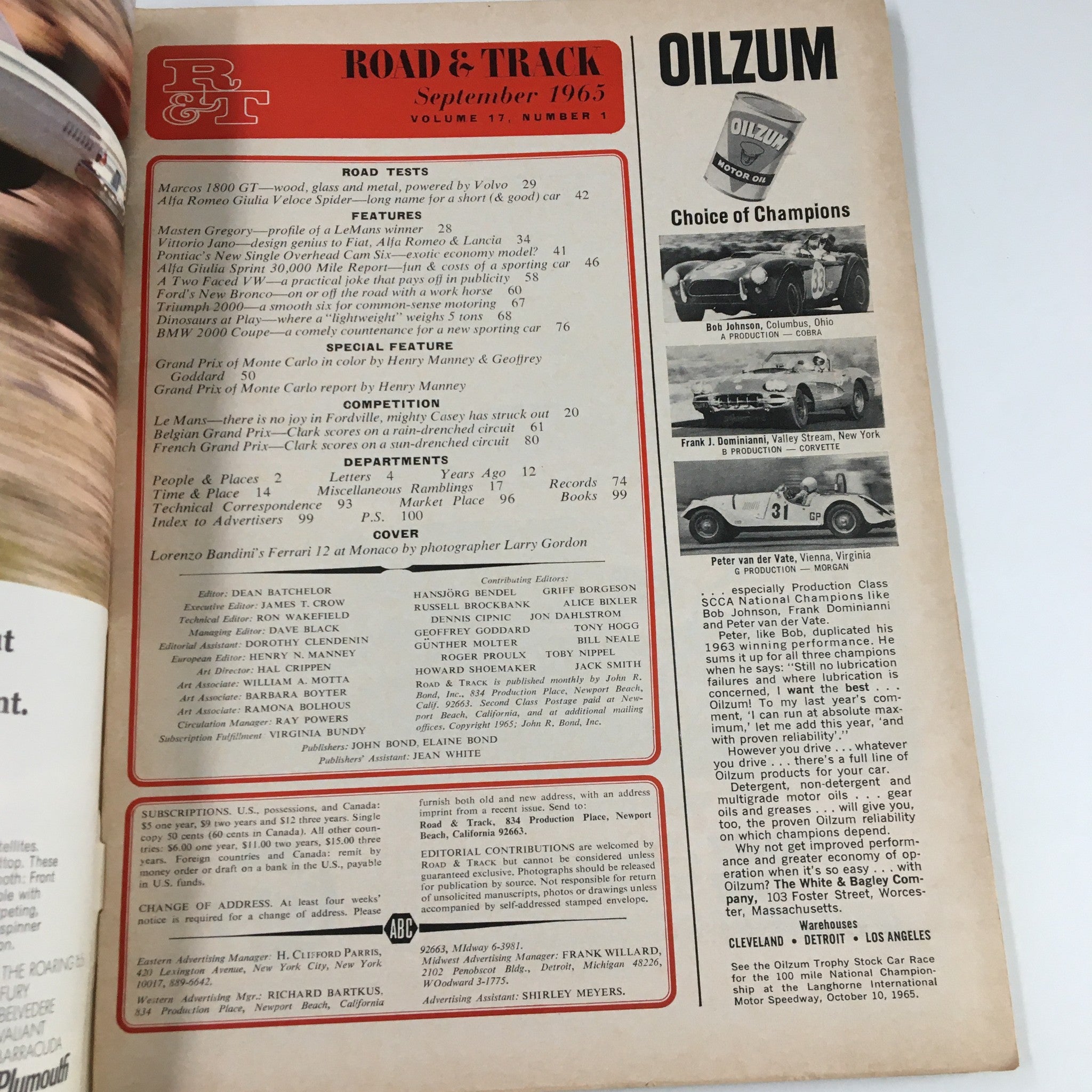 Inside page of VTG Road & Track Magazine September 1965 displaying the table of contents and featured articles.