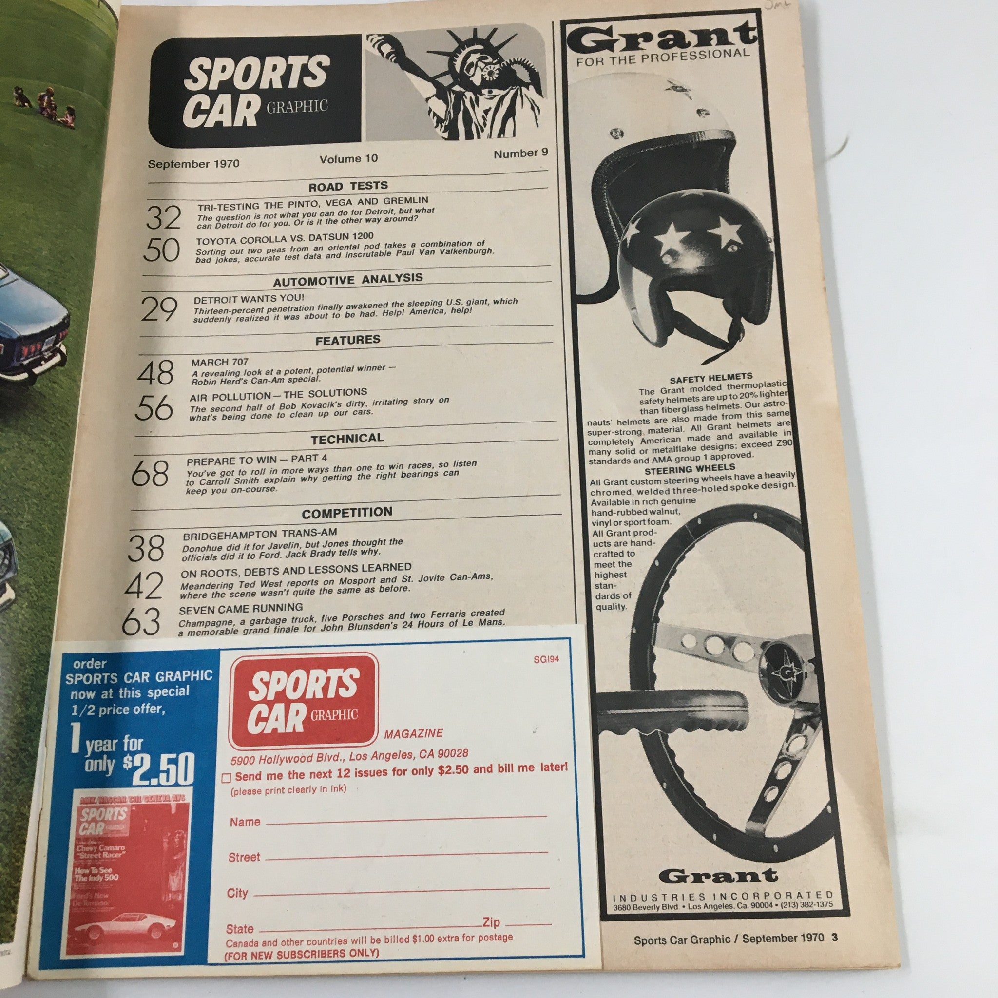 Interior page of VTG Sports Car Graphic Magazine September 1970 displaying the table of contents, highlighting articles about Ford Pinto, Chevy Vega, and automotive analysis.