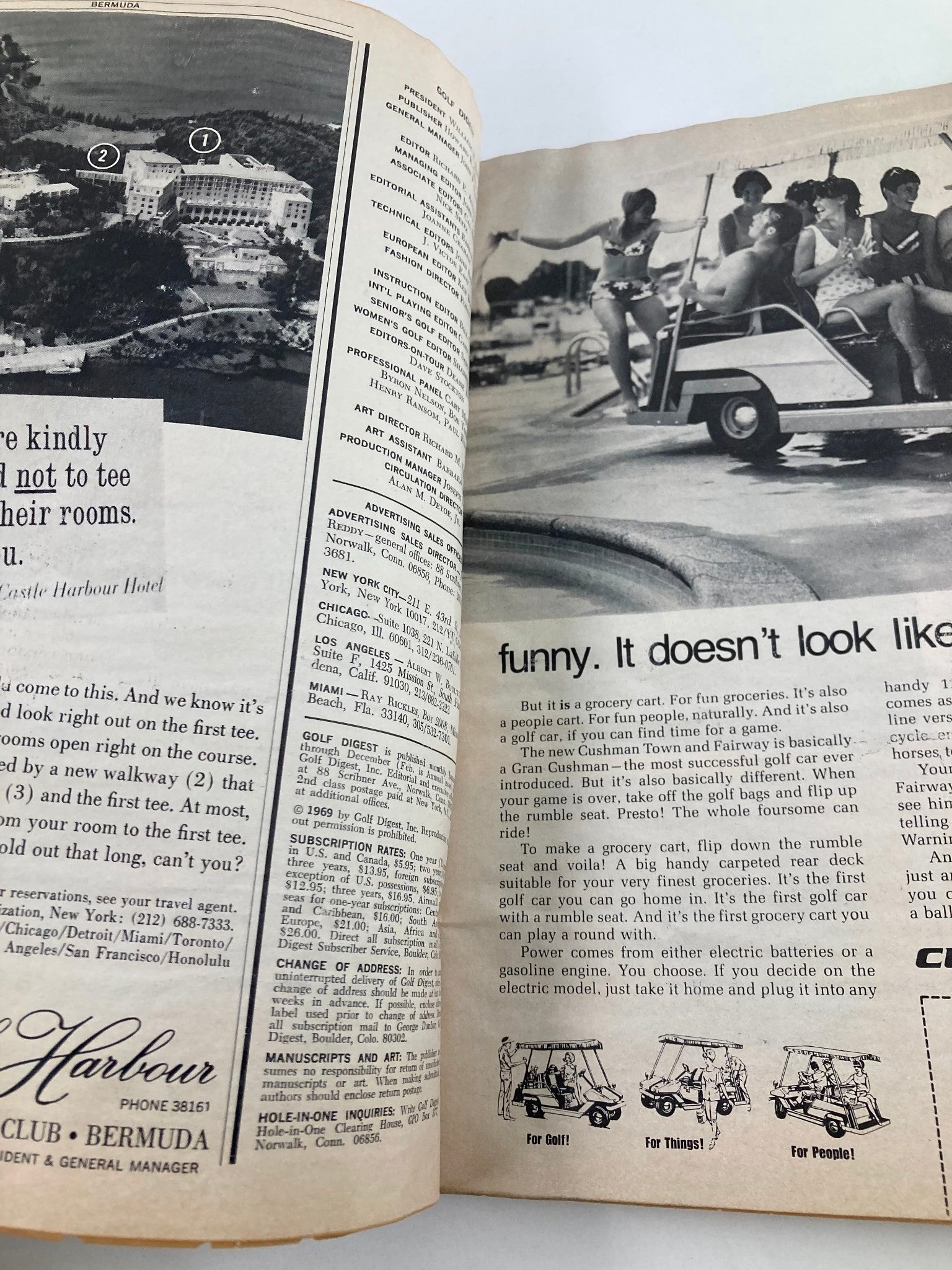 Inside page of VTG Golf Digest Magazine February 1969 featuring a golf cart advertisement, emphasizing unique features and uses.