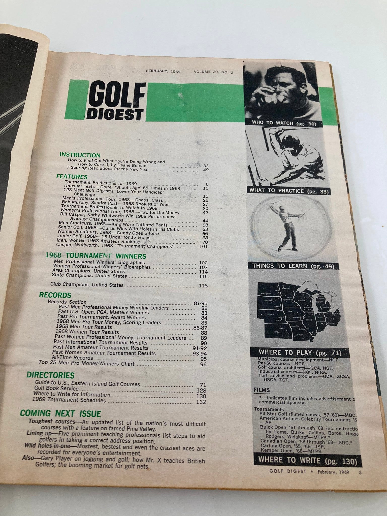 Interior page of VTG Golf Digest Magazine February 1969 featuring articles and table of contents related to golf.