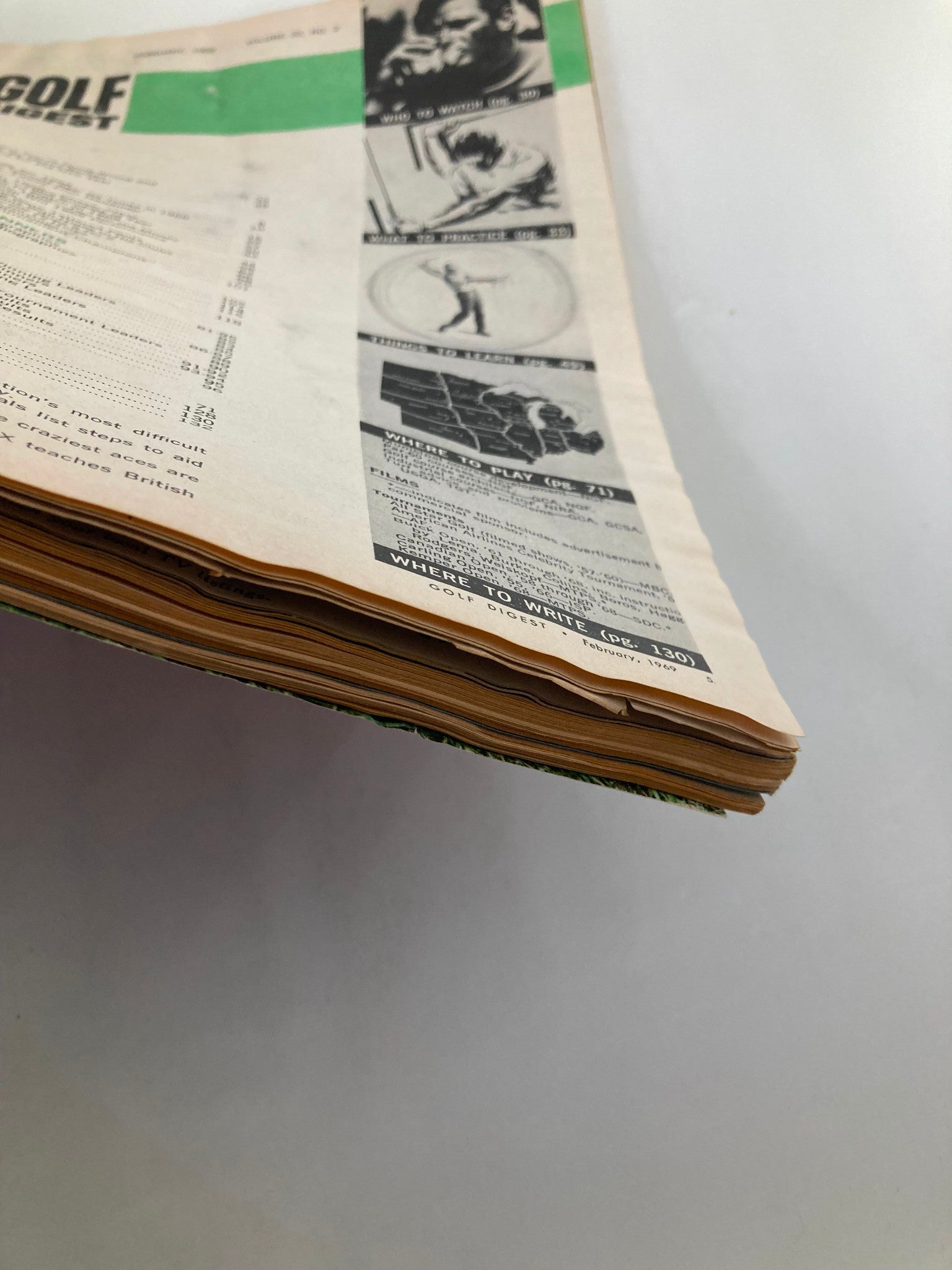 Side view of the VTG Golf Digest Magazine February 1969 showcasing the aging pages and magazine thickness.